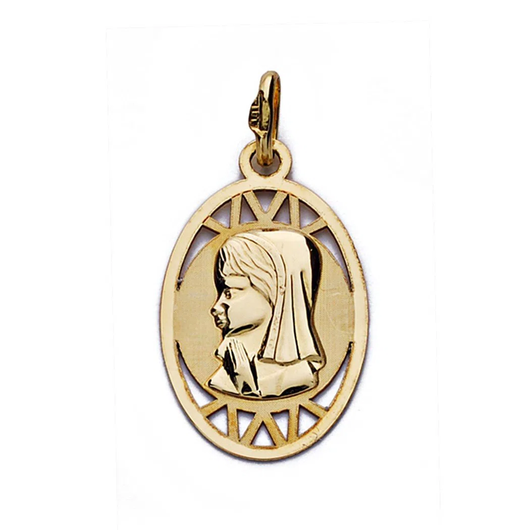 Medalla oro 18k colgante Virgen Niña oval 20mm. calada líneas
