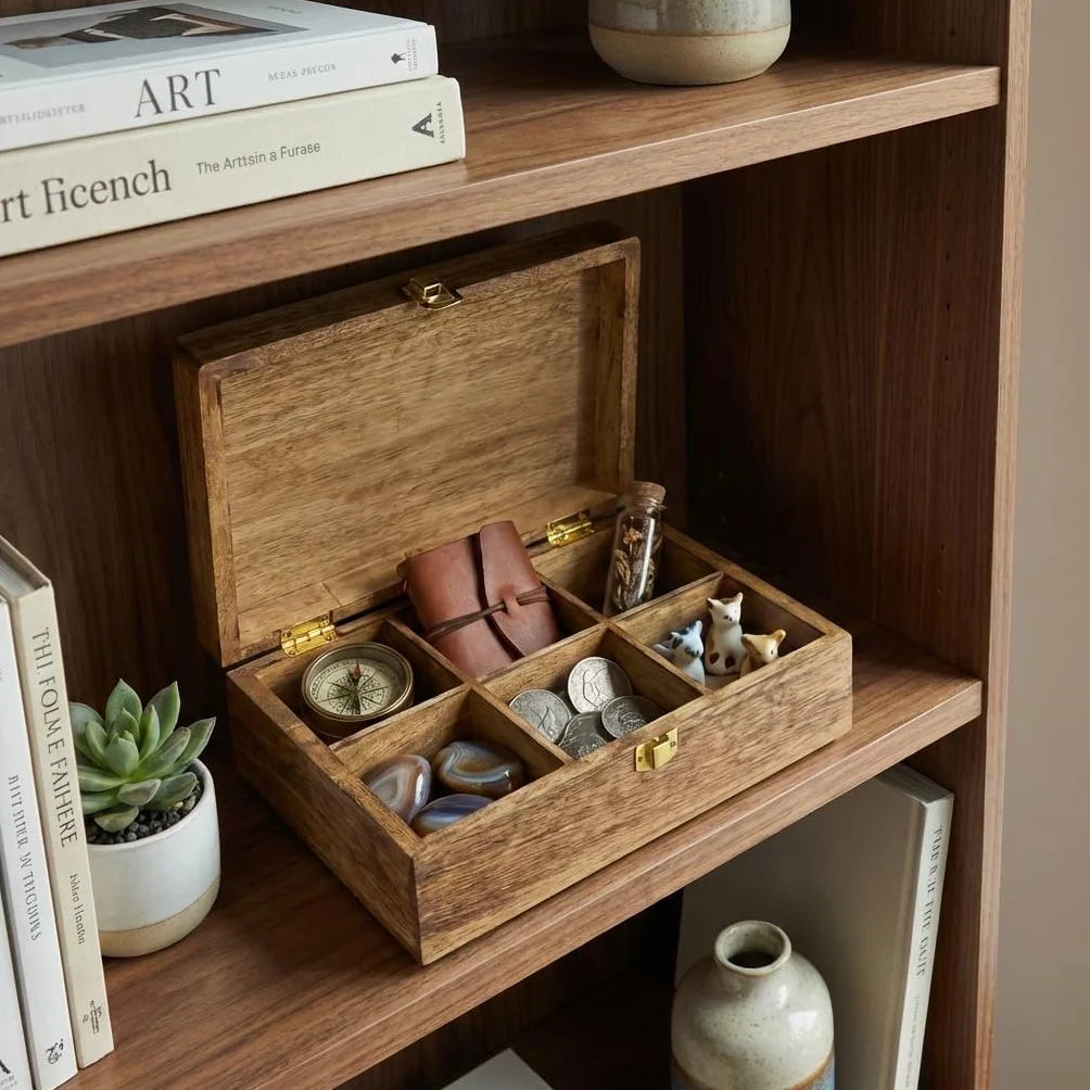 Mela Artisans Caja de recuerdos de madera con tapa con bisagras y pestillo, caja de almacenamiento decorativa grande con 6 particiones para fotos, joyas, manualidades, regalos hechos a mano, caja