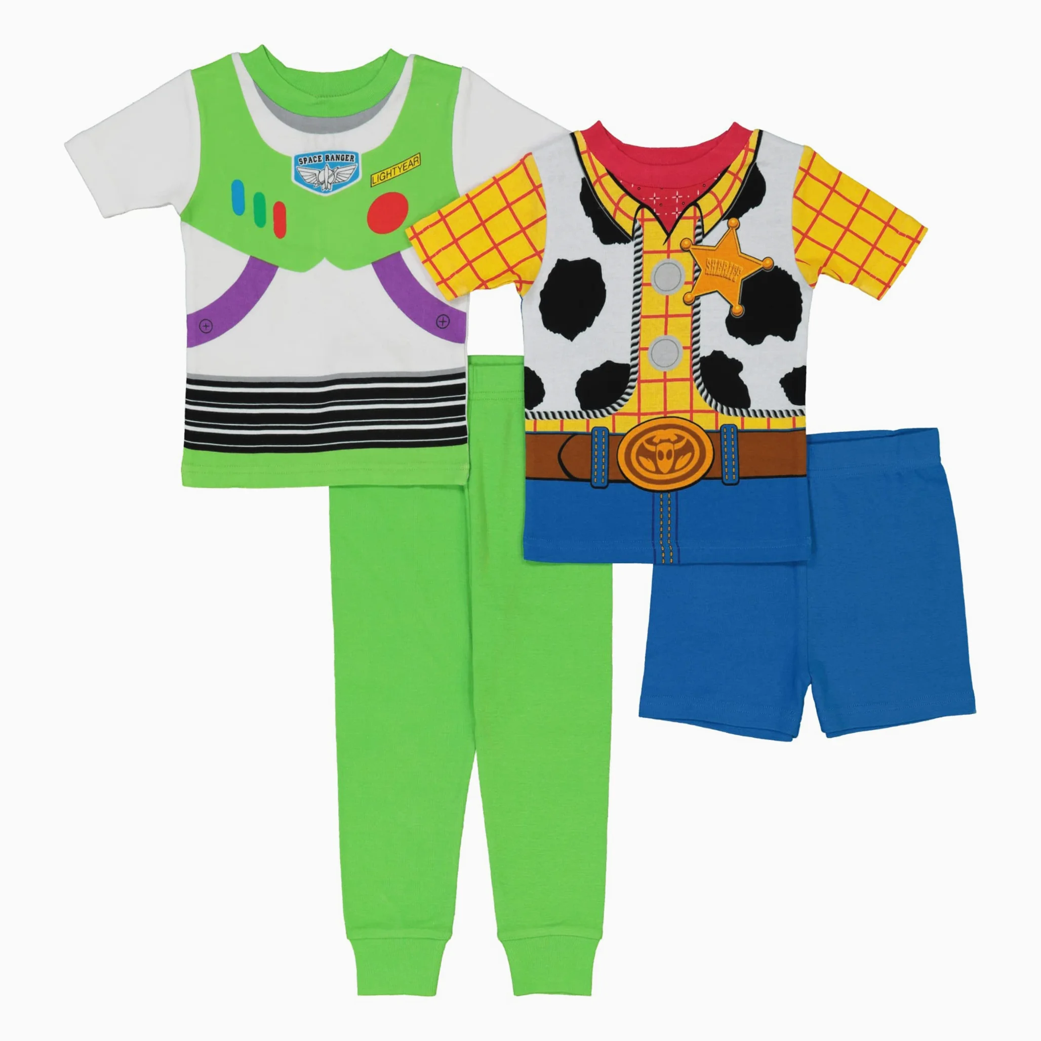 Disney Boys' Toy Story Four-Piece Cotton Pajamas (Woody/Short Buzz/Long, 4T)