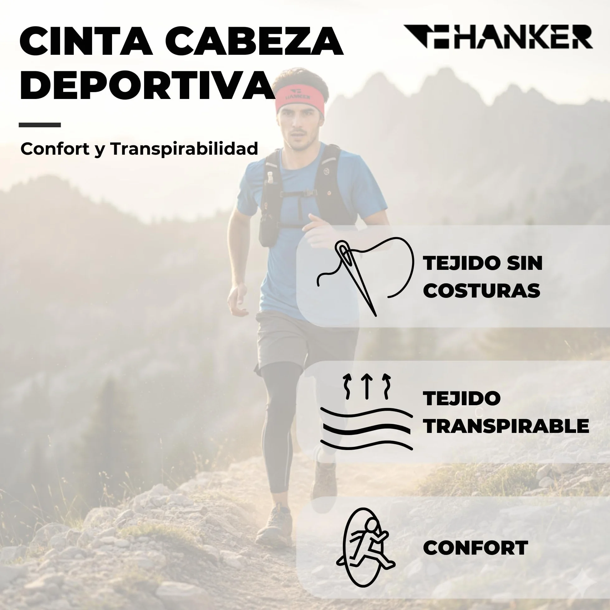 Cinta Pelo Headband Deporte Transpirable Antideslizante Diadema Deportiva Ligera para Running Fitness Trail