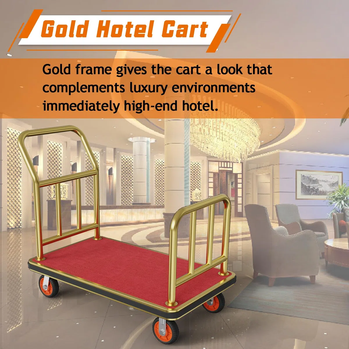 Carrito de equipaje dorado para hotel, carrito Bellman de 42 x 24 pulgadas con barandilla deflectora y capacidad de peso de ruedas de 6 pulgadas de hasta 850 libras, proporciona comodidad al carrito