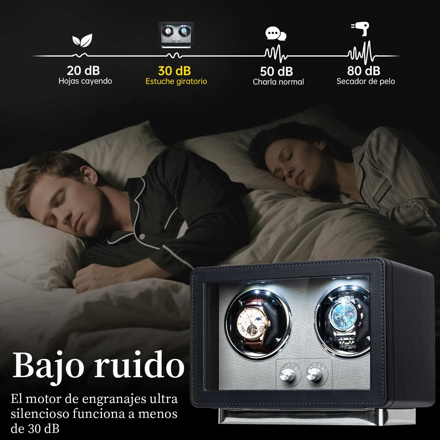 Mcbazel Enrollador de Relojes automáticos, Caja de Doble Reloj con luz LED, Motor silencioso, Negro
