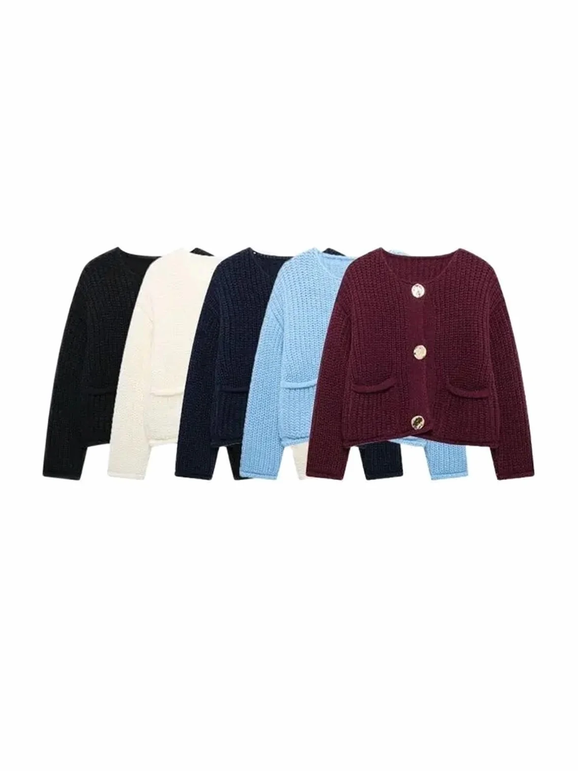 Suéter de Punto de Manga Larga for Mujer, Botones Dorados, Bolsillos de Parche Delanteros, Cuello Redondo, Prenda Exterior Femenina(Sky Blue,L)