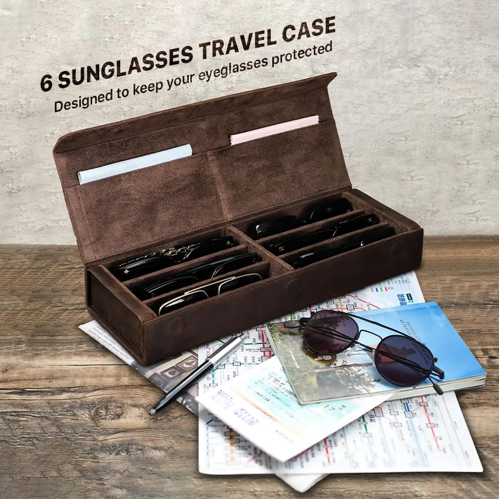 Contacts Caja de almacenamiento de gafas de cuero para hombres y mujeres, soporte para 2/4 lentes de sol, estuche de viaje, organizador de gafas con forro de microfibra y ranura para paño de limpieza