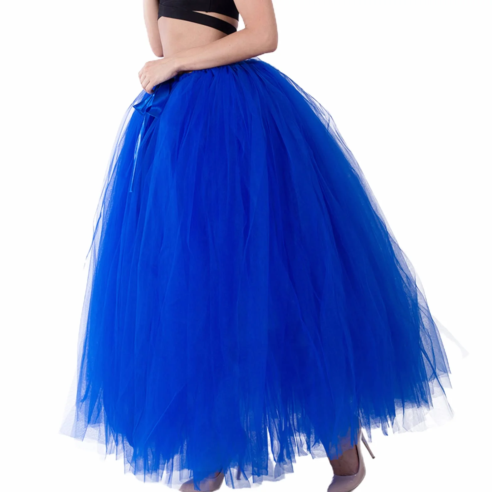 Falda larga tutú de cintura alta con capas de tul maxi faldas hinchadas hasta el suelo, boda, fiesta, con cinturón Bowknot, zafiro, Talla única