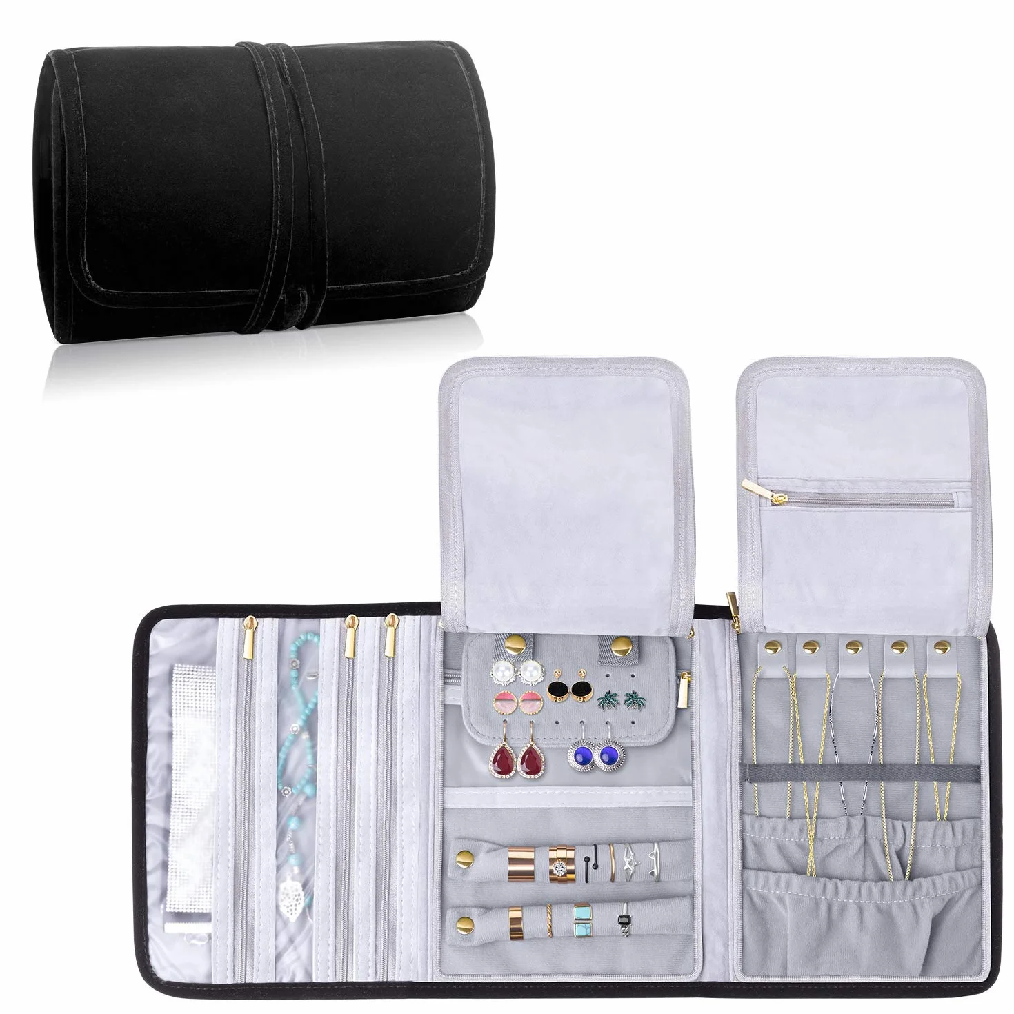 Teamoy Roll para Joyería Organizador de Joyas Estuche de Viaje para Collares, Pendientes, Pulseras, broches, 3 Carpetas, Varios departamentos