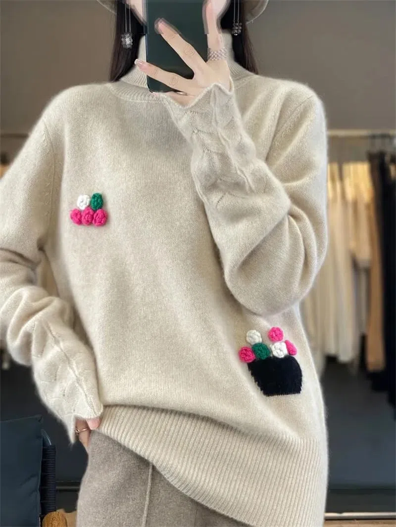 Suéter bordado de cuello alto para mujer, suéter de punto suelto para otoño e invierno
