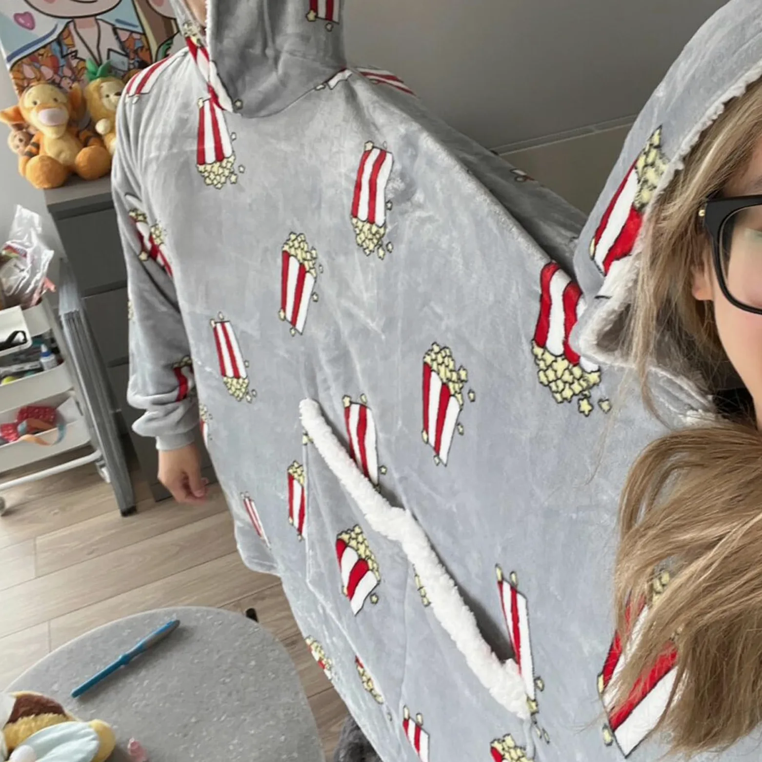 Pijamas Dobles de Franela para Parejas, Pijamas Creativos con Capucha Gruesa, Ropa Cómoda para el Hogar con Bolsillos, Gris, One Size