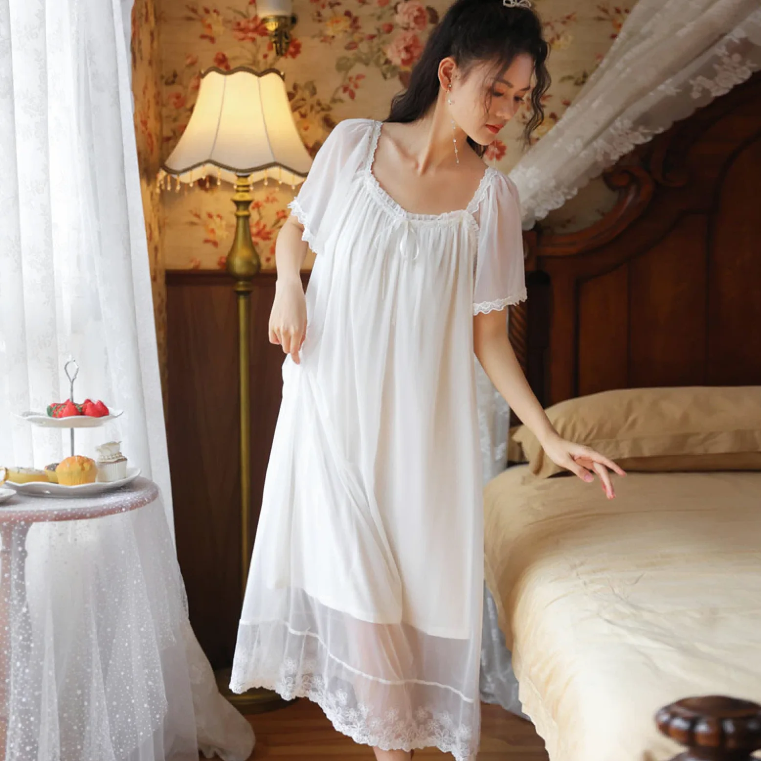 OFFSUM Camisón De Pijama De Mujer - Verano Estilo Princesa Cuello Cuadrado Camisón Encaje Malla Bowknot Manga Corta Camisón Elegante Casual Loungewear Vestido