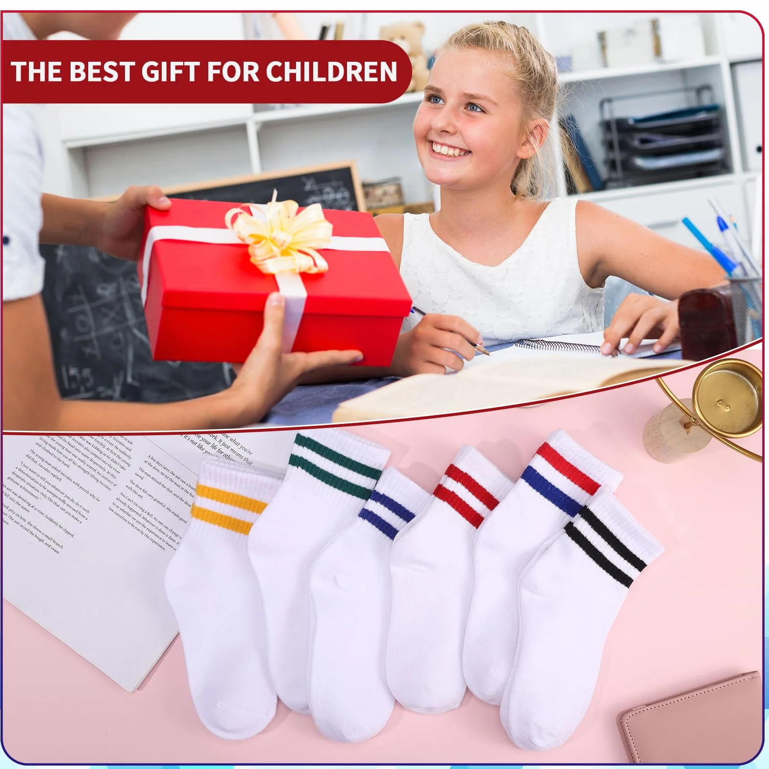 Zuimei 6 Pairs Boys Girls Socks Kids Sport Crew Socks Junior Cotton School Sports Sock, Striped Stretchy Athletic Sock for Girls and Boys 6-12 Years