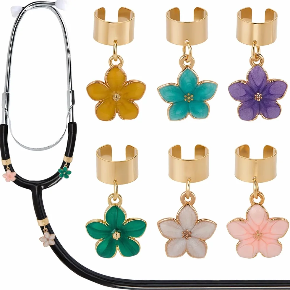 6 etiqueta de Identificación para Estetoscopio de 6 colores con Diseño de Flor de Aleación de Oro Esmaltada de 5 pétalos de Colores Variados Personalizada Ideal Como Accesorio para Enfermeras