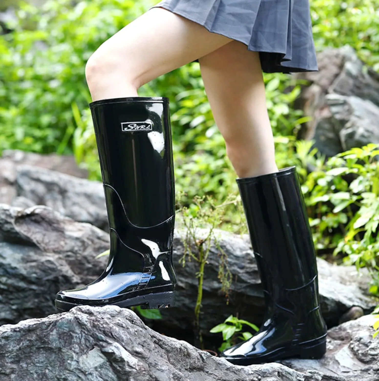 Botas de lluvia de moda hasta la rodilla para mujer, botas térmicas de goma para mujer, botas de lluvia impermeables, botas de agua de longitud completa hasta la rodilla con forro cálido, B