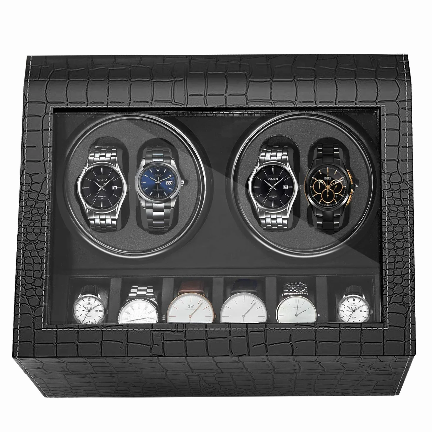 Bobinadora Mecánica Automática Silenciosa Giratoria para 6 Relojes Negro Clásico