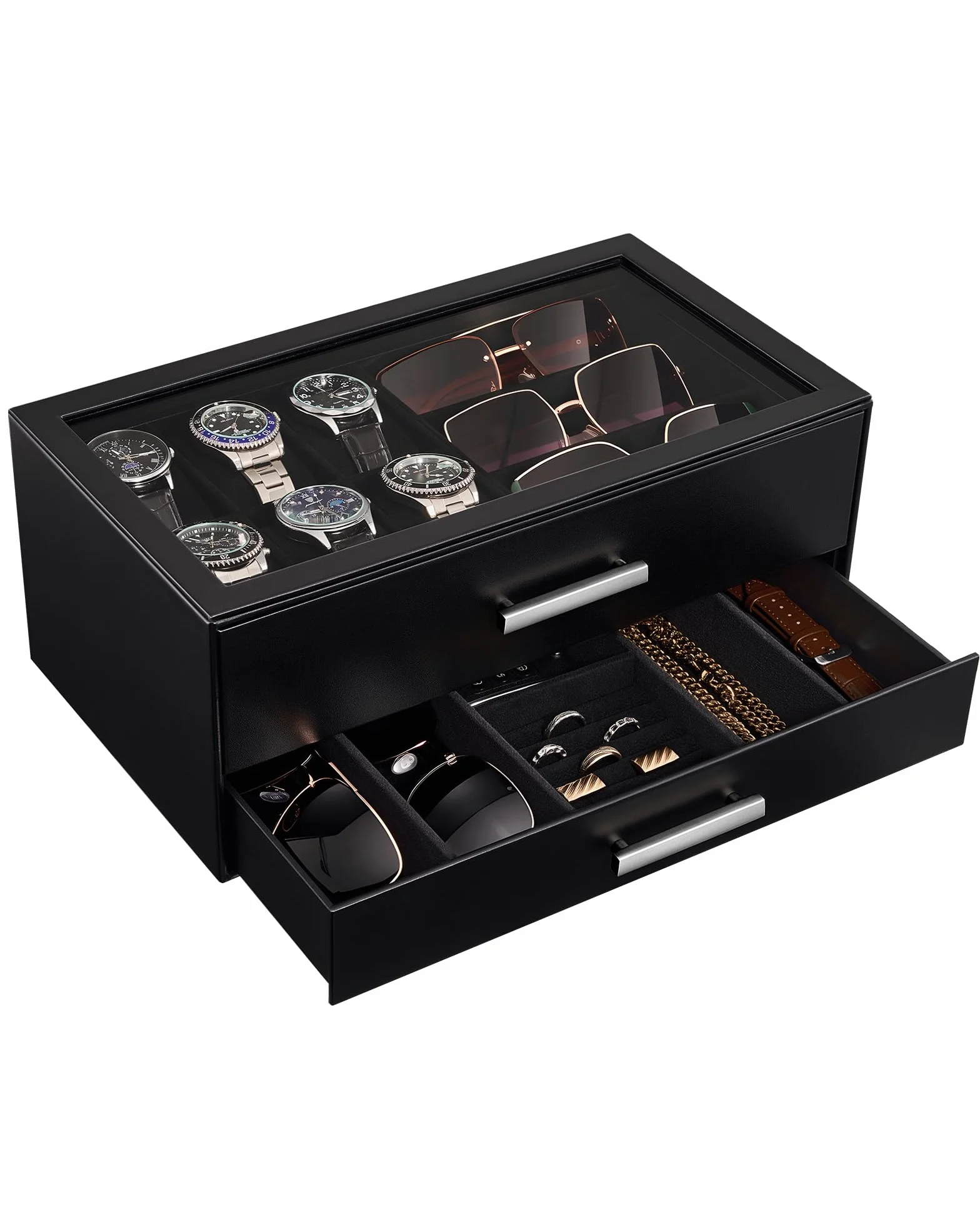 ProCase Caja para Relojes, Estuche para Relojes, Organizador de Joyas para Hombre, Almacenamiento de Joyas con Tapa de Cristal Transparente, 2 Niveles, Almacenamiento para Relojes, Gafas -Negro