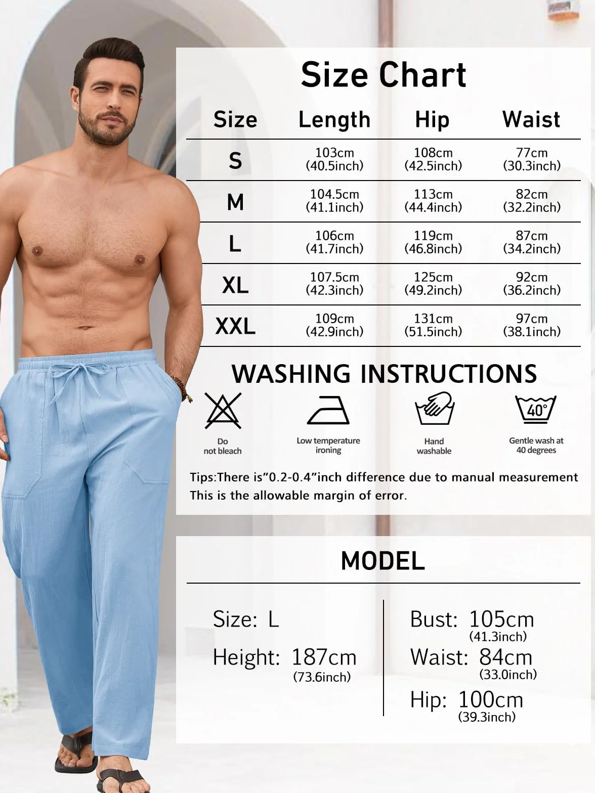 Pantalón Lino Hombre Verano de Mezcla Algodón y Lino Ligero Transpirable con Cintura Elástica Cordon y Bolsillos Pantalones de Lino Hombre Corte Largo
