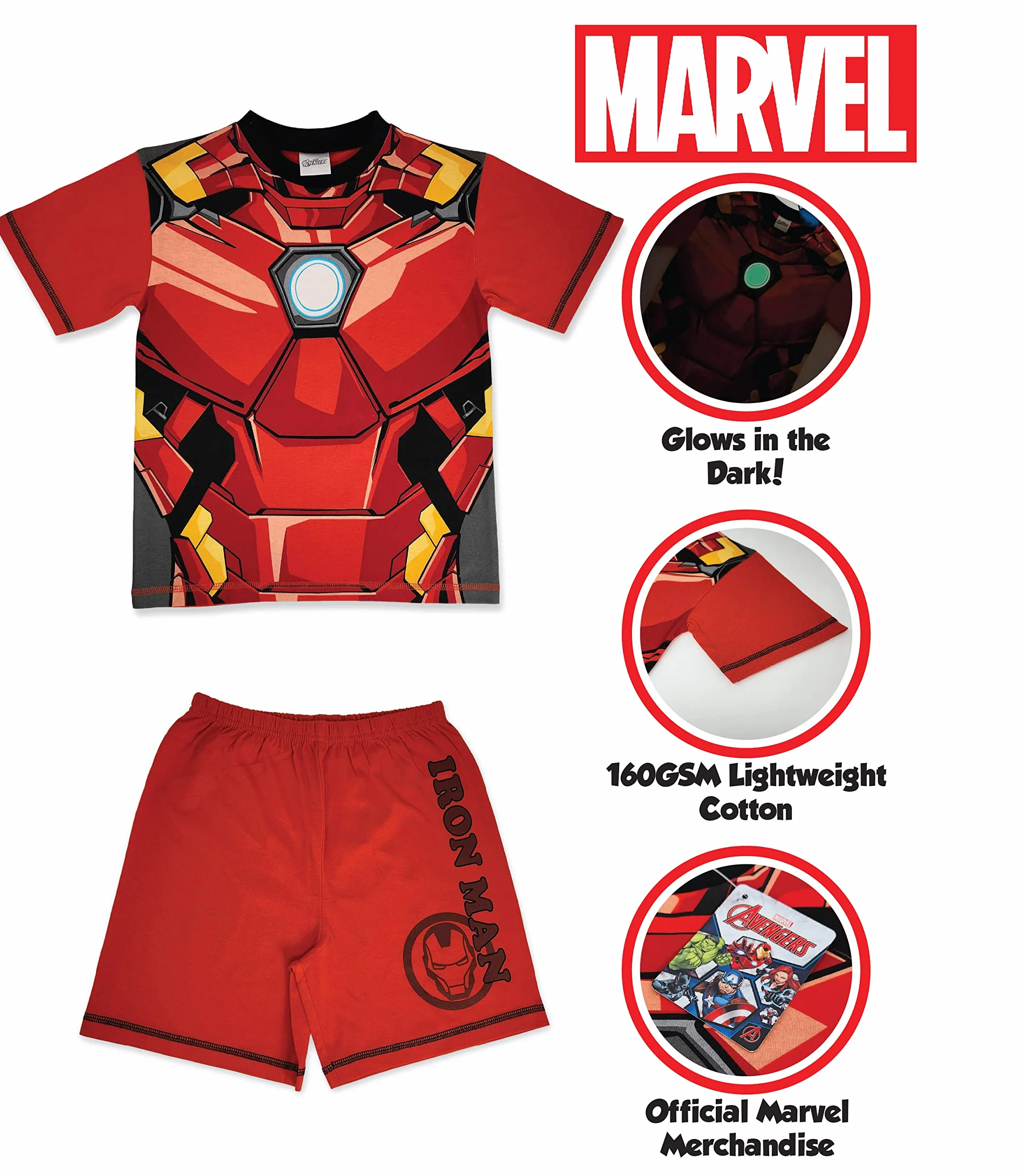 Marvel Pijama Corto Ironman Avengers Brilla en la Oscuridad