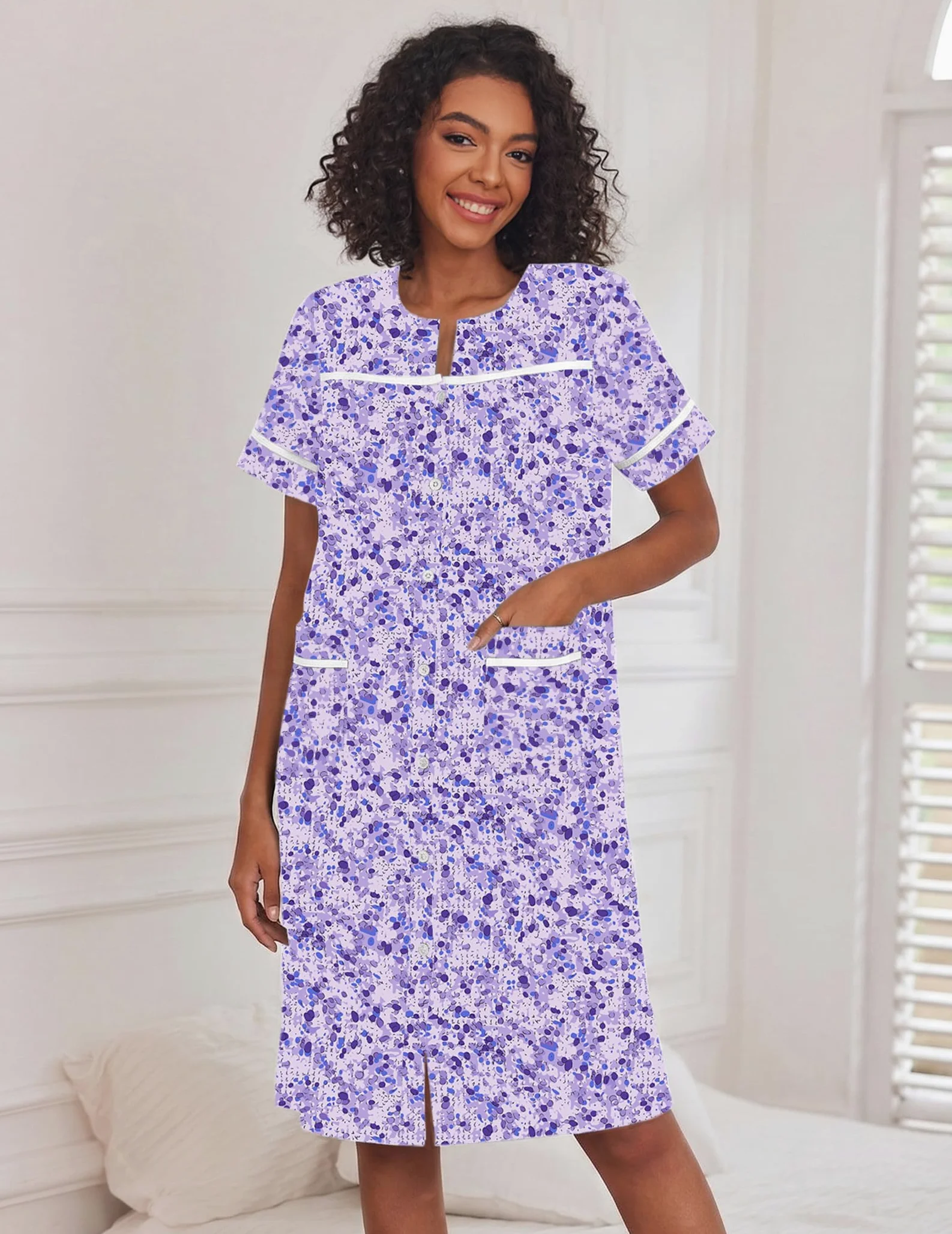 Ekouaer Camisones para mujer, vestido de casa con bolsillos, con botones, abrigo de casa, de manga corta, vestidos de noche, plumero, Moo Moos