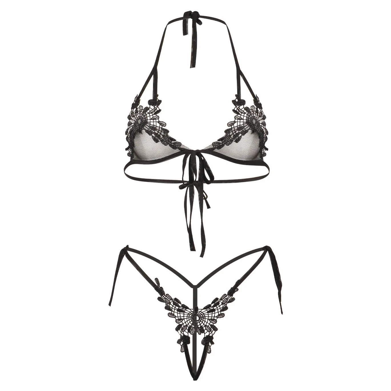 QHQQXN Conjunto de lencería Transparente, Sujetador y Panty de Malla Bordada de Dos Piezas, Top Halter con Tiras, Ropa Interior de Hilo pequeño Entrecruzado para Fiesta en la Playa y Club