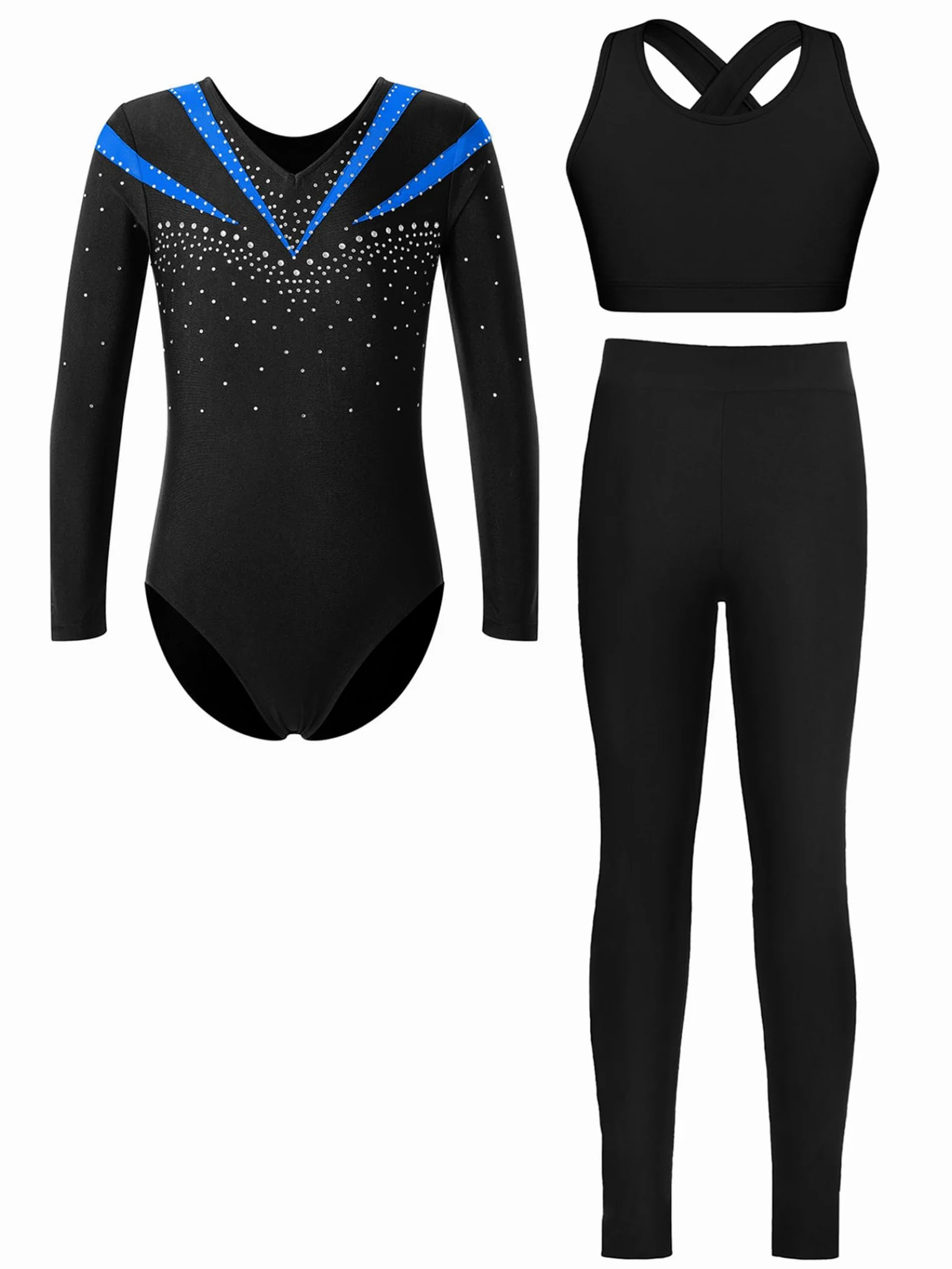 Piezas De Traje De Gimnasia Con Destellos Para Niñas Leotardos De Gimnasia De Manga Larga Tops De Deporte Brasier Y Pantalones Traje De Baile Para Azul 11-12 años