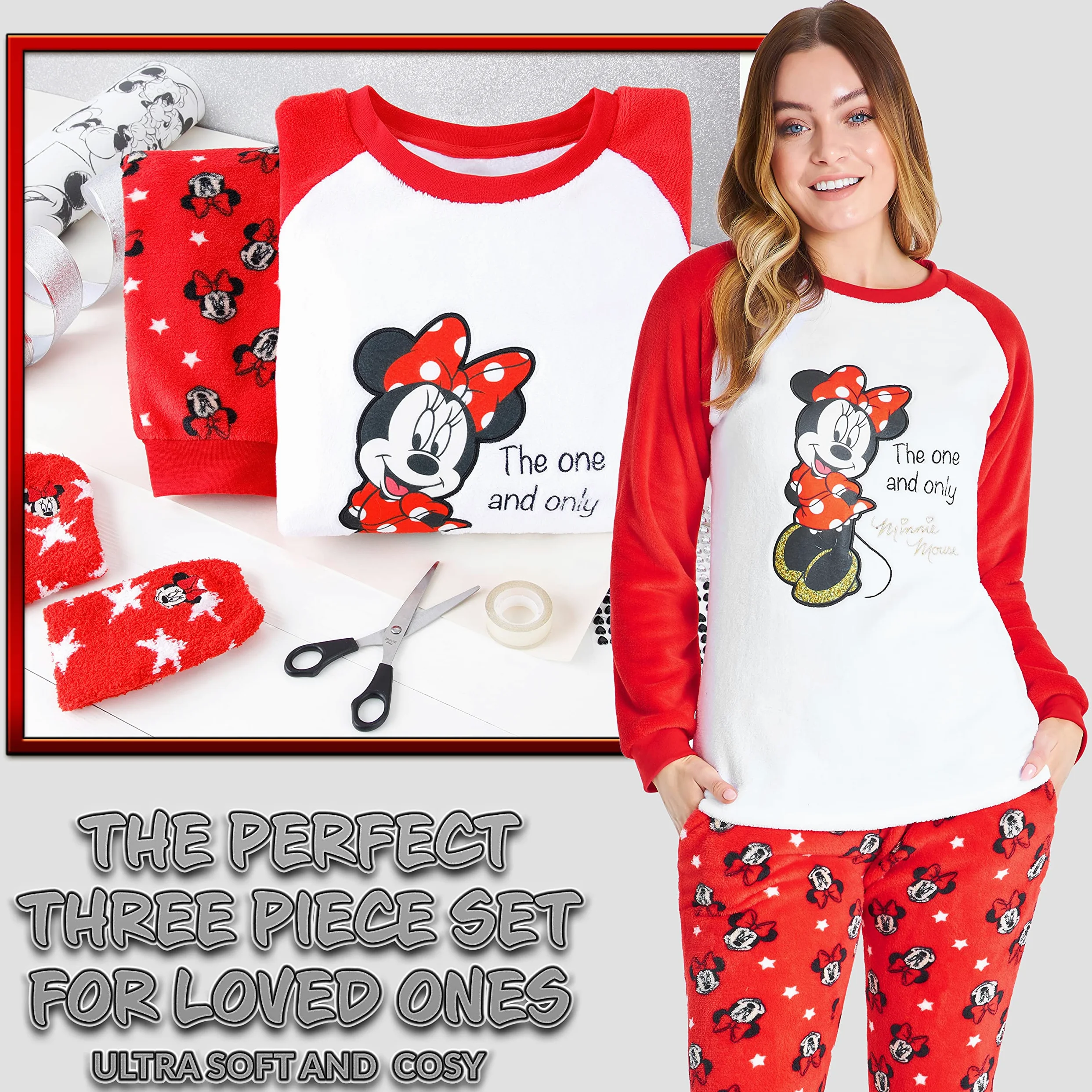 Disney Pijama Mujer Invierno de Polar con Calcetines Stitch Mickey Minnie Baby Yoda (Blanco/Rojo Minnie, S), 8691