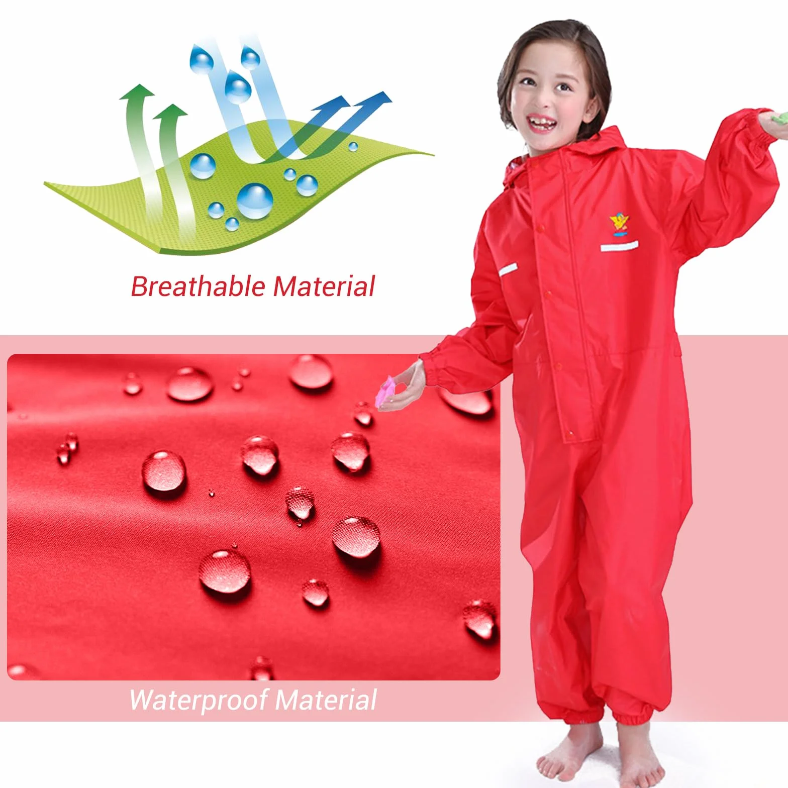 Chubasquero para Niños Mono Impermeable Traje de Lluvia Encapuchado Niñas Chaquetas de lluvia Poncho con Tira Reflectante, Rojo 2-3 Años