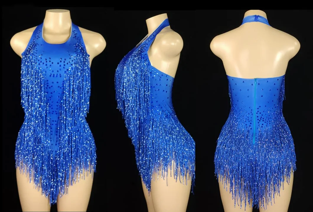Body sexy con flecos de cristales brillantes y borlas, traje de baile de jazz, ropa de una pieza para escenario