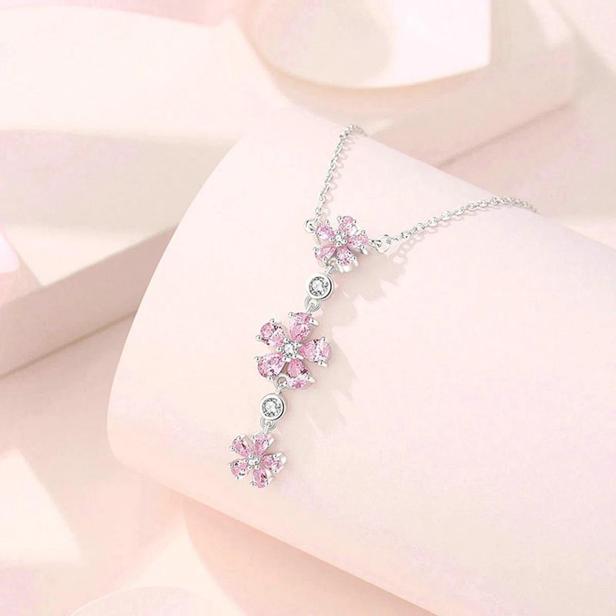 Collar con colgante para mujer de oro blanco 750 585 375, colgante de flores con zafiro rosa y diamante, cadena de oro blanco, 45 cm, sin níquel