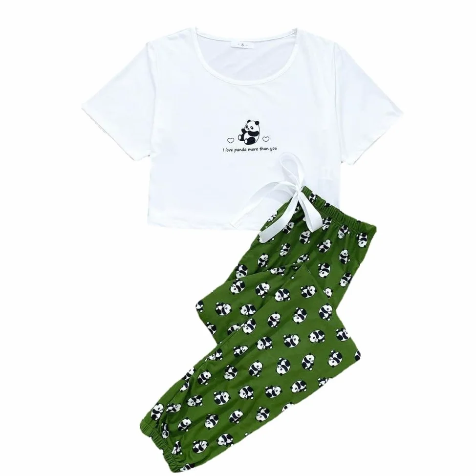 Pijama De Mujer Manga Corta,Estampado De Panda Verde Pijama De Manga Corta De Verano Para Mujer Conjunto De 2 Piezas Pijama De Moda Suave Ropa De Salón Regalo Del Día De La Madre Para Esposa Novia