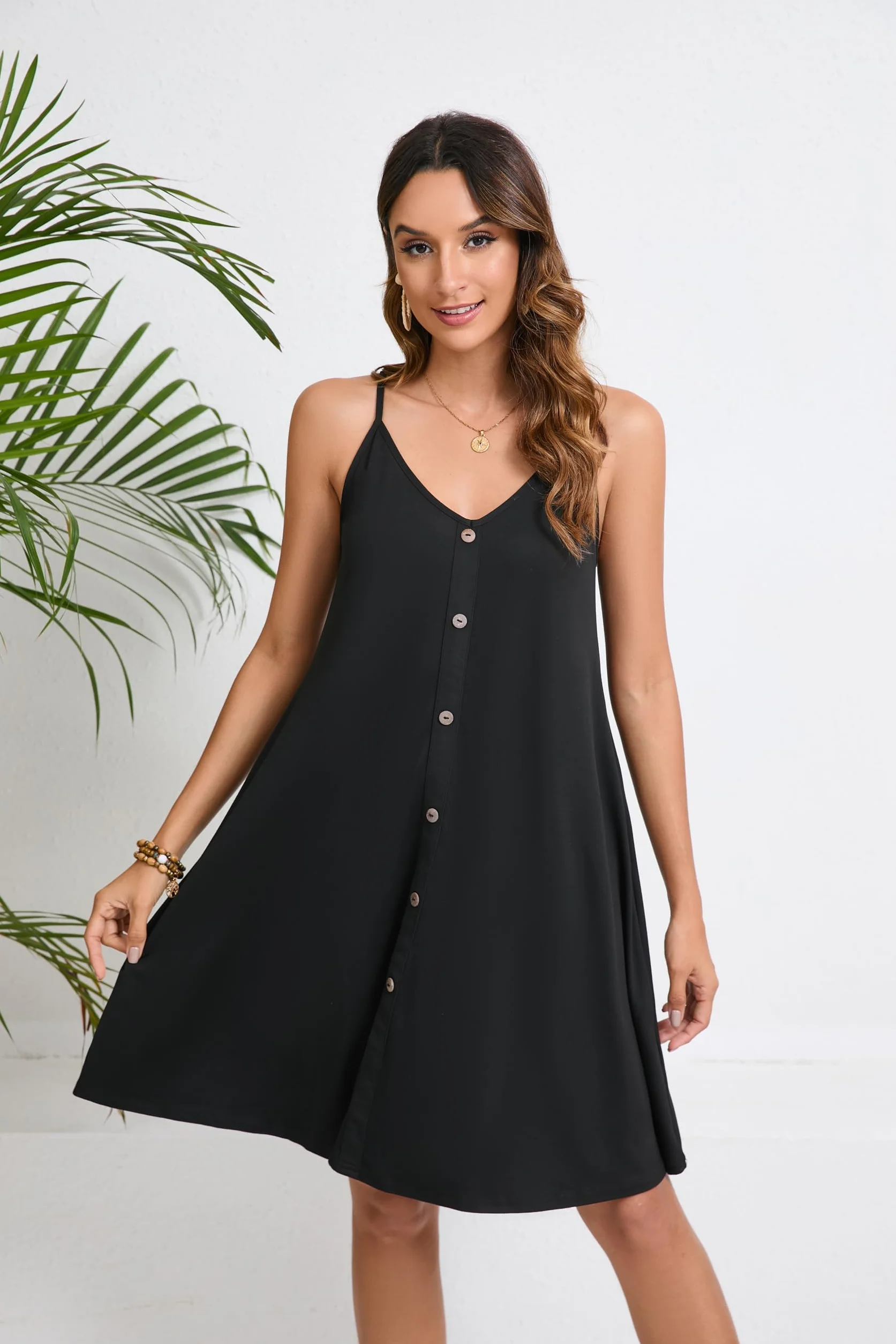 Enmain Mujer Vestidos Verano Floral Sin Mangas Vestido de Playa hasta la Rodilla Casual Cuello en V Tirantes de Espagueti Vestidos con Bolsillos para Fiesta Hawai Vacaciones S-2XL