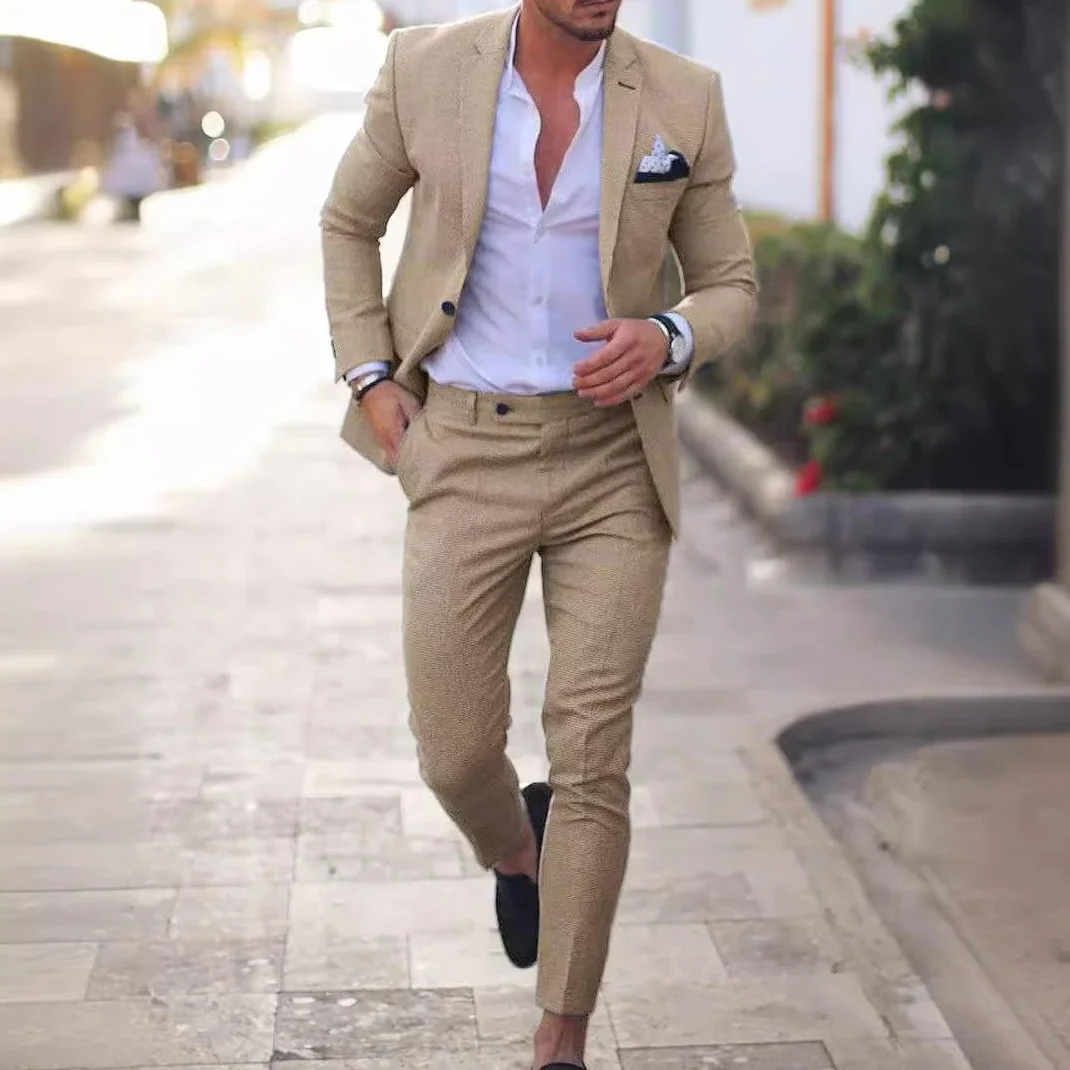 Conjunto de traje de lino para hombre, esmoquin casual, 2 piezas, blazer de ajuste regular, chaqueta y pantalones sólidos con un botón, para graduación, boda, fiesta
