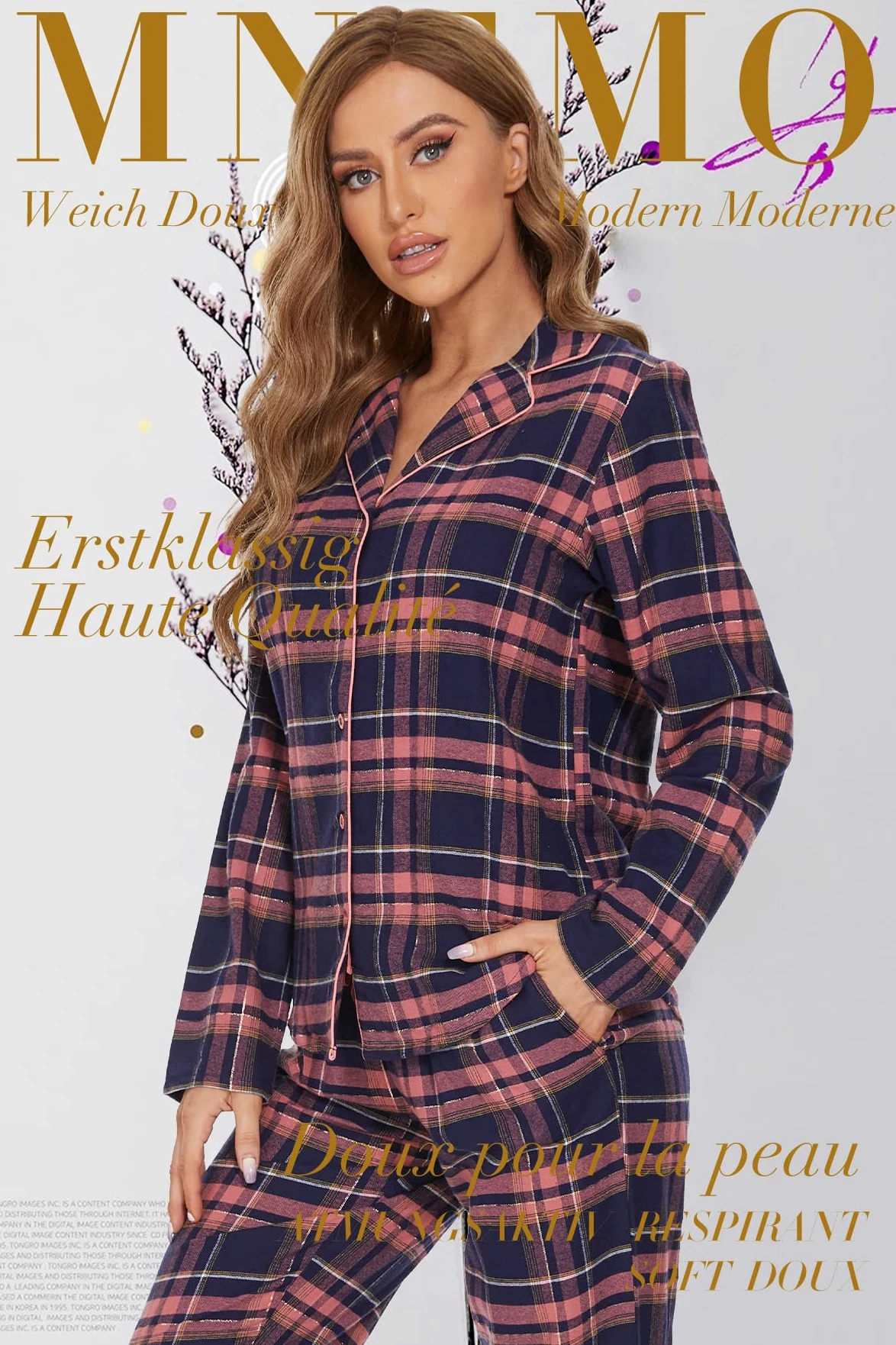 Mnemo Home Pijama largo de franela para mujer 100% algodón de franela
