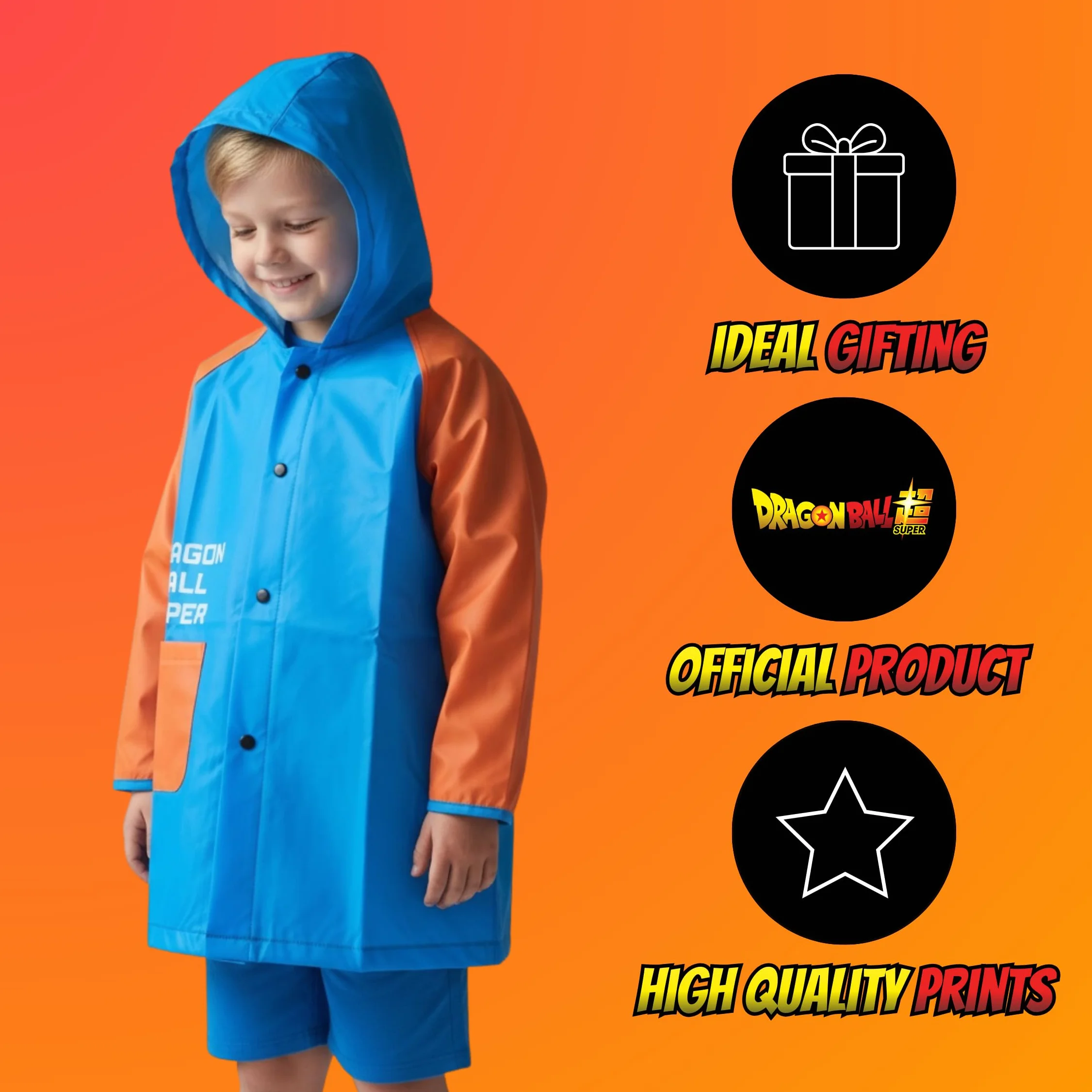 Dragon Ball Z Chubasquero Impermeable para Niños, Chaqueta Lluvia con Capucha, Tallas 4-8 Años