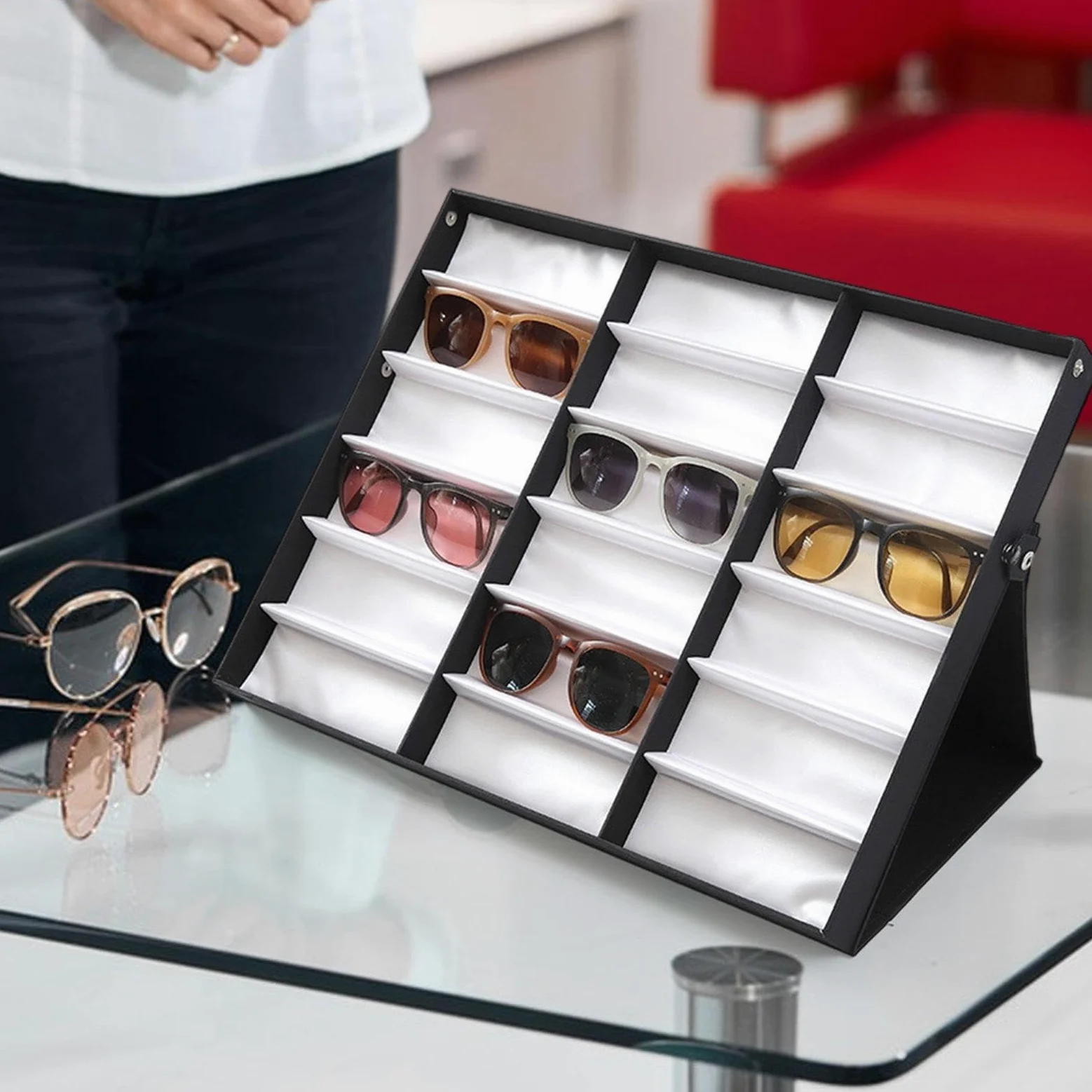 Harilla Bandeja de exhibición de gafas, organizador de gafas de sol, estuche de almacenamiento para gafas, organizador de joyas para vitrina