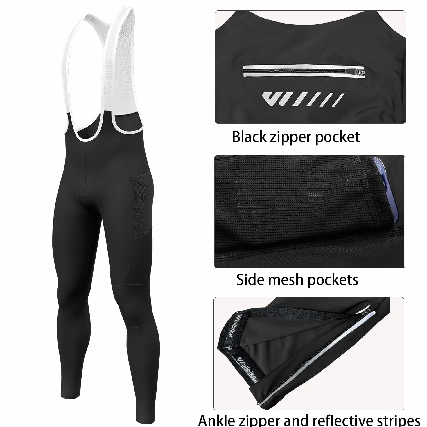 Log.as Pantalones largos de ciclismo acolchados tirantes invierno elásticos resistentes al viento transpirables secado rápido bolsillos