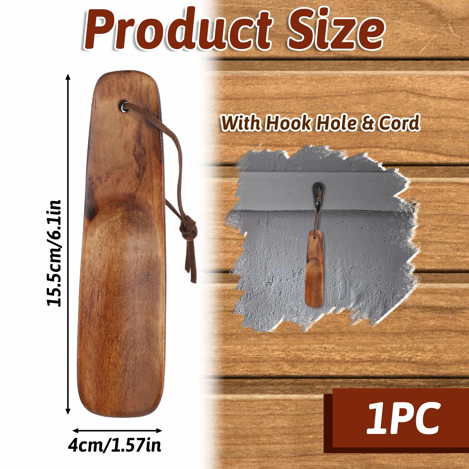 Calzador de madera pequeño, calzador de zapatos, color marrón, con cuerda colgante