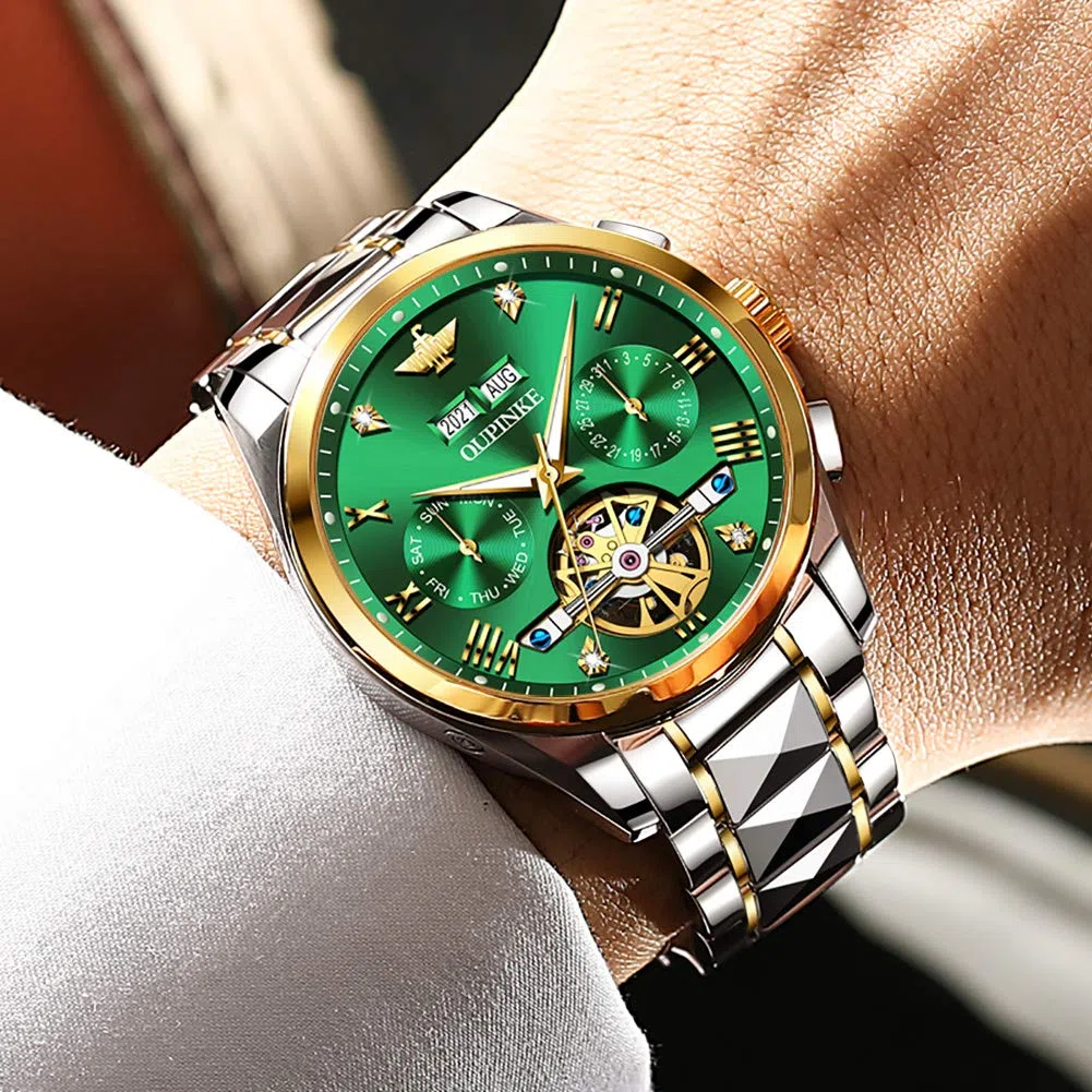 OUPINKE - Relojes para hombre, diseño de esqueleto, automático, mecánico, premium, con calendario, cristal de zafiro, acero de tungsteno, resistente al agua, reloj de pulsera, Verde