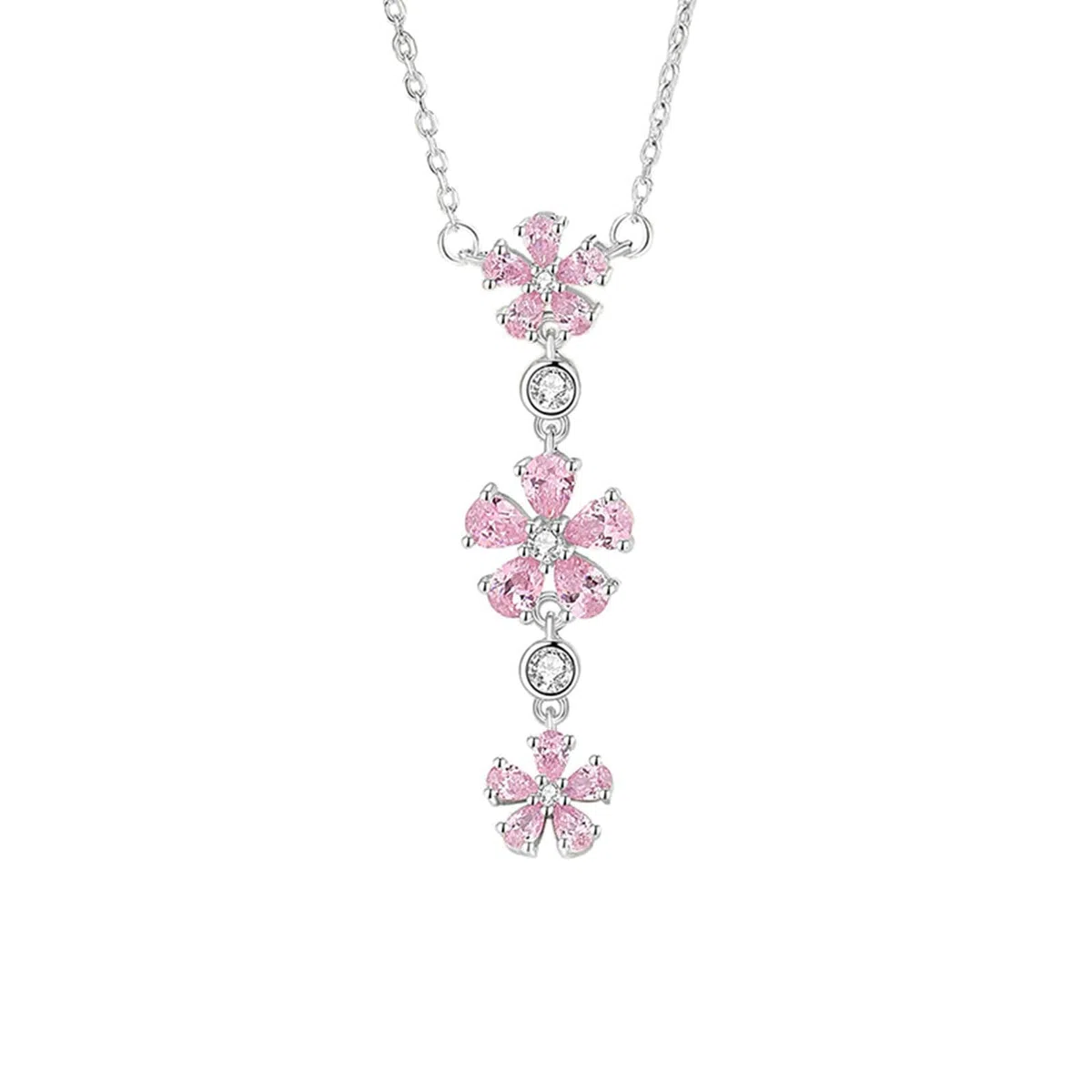Collar con colgante para mujer de oro blanco 750 585 375, colgante de flores con zafiro rosa y diamante, cadena de oro blanco, 45 cm, sin níquel