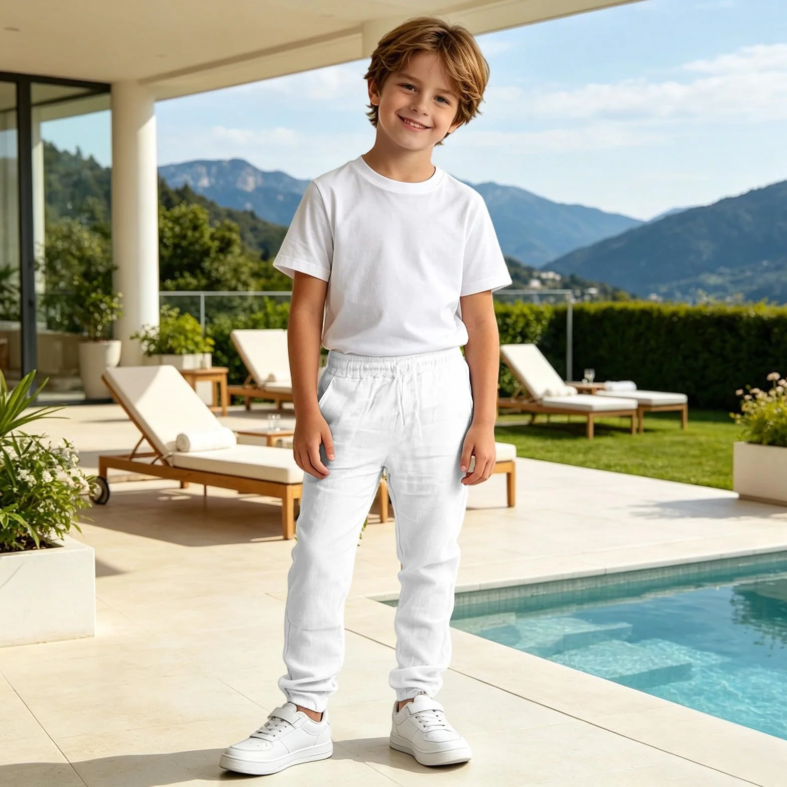Pantalones de Lino para Niños Algodón y Lino Cintura Elástica Pantalón Chino Largo Sueltos Bolsillos Transpirable Jogging Pants Ropa Adolescentes 4-14 Años