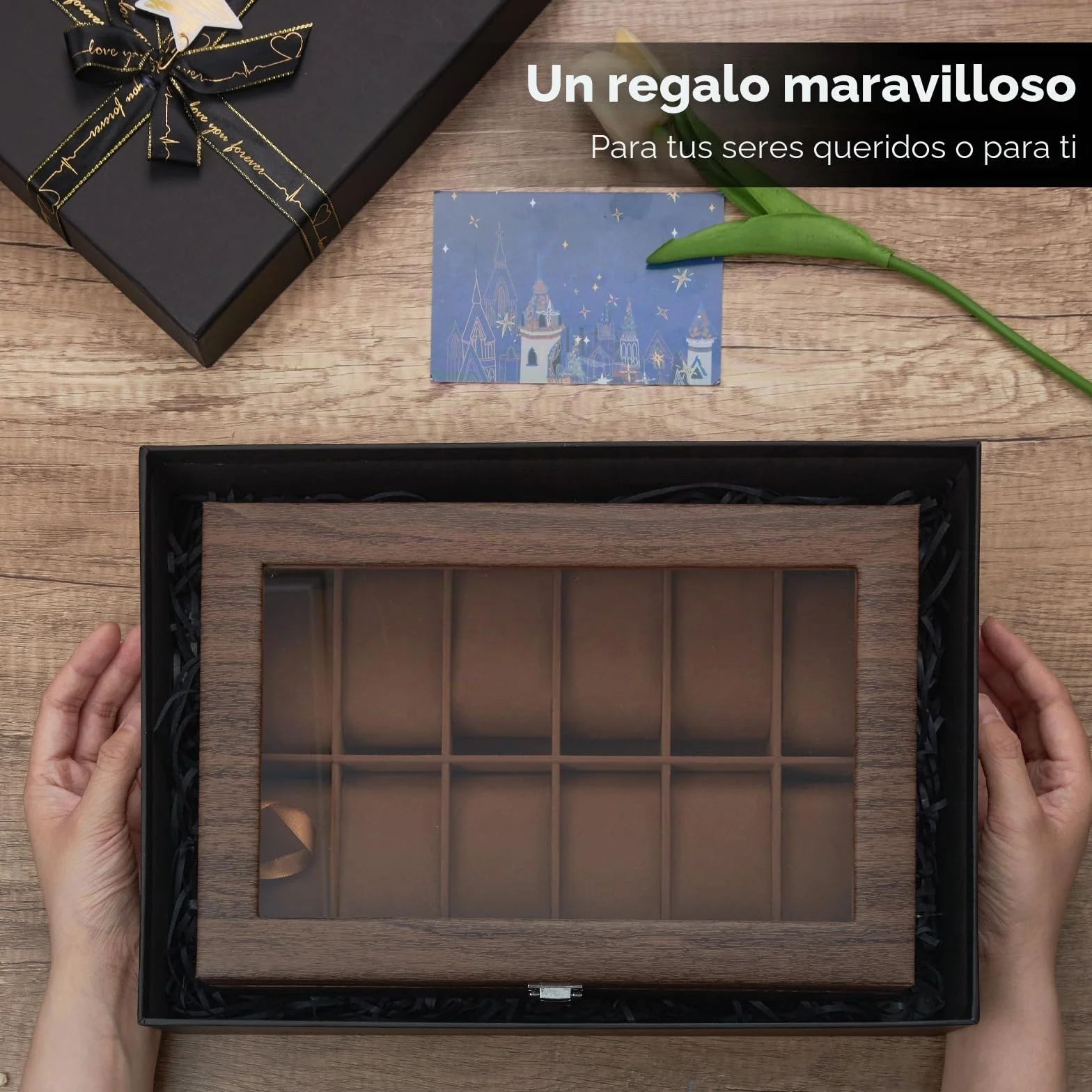 Caja Relojes con 12 Compartimentos, Ohuhu Caja para Relojes con Tapa de Cristal y Cojín ExtraíbleRegalo para Cumpleaños Día del Padre Navidad