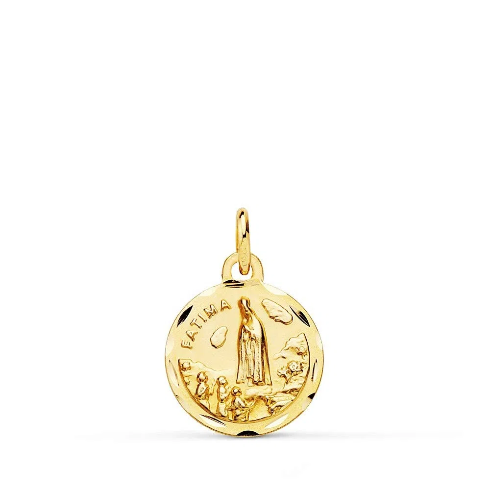 Medalla oro 18k colgante 12mm. Virgen de Fátima cerco tallado unisex