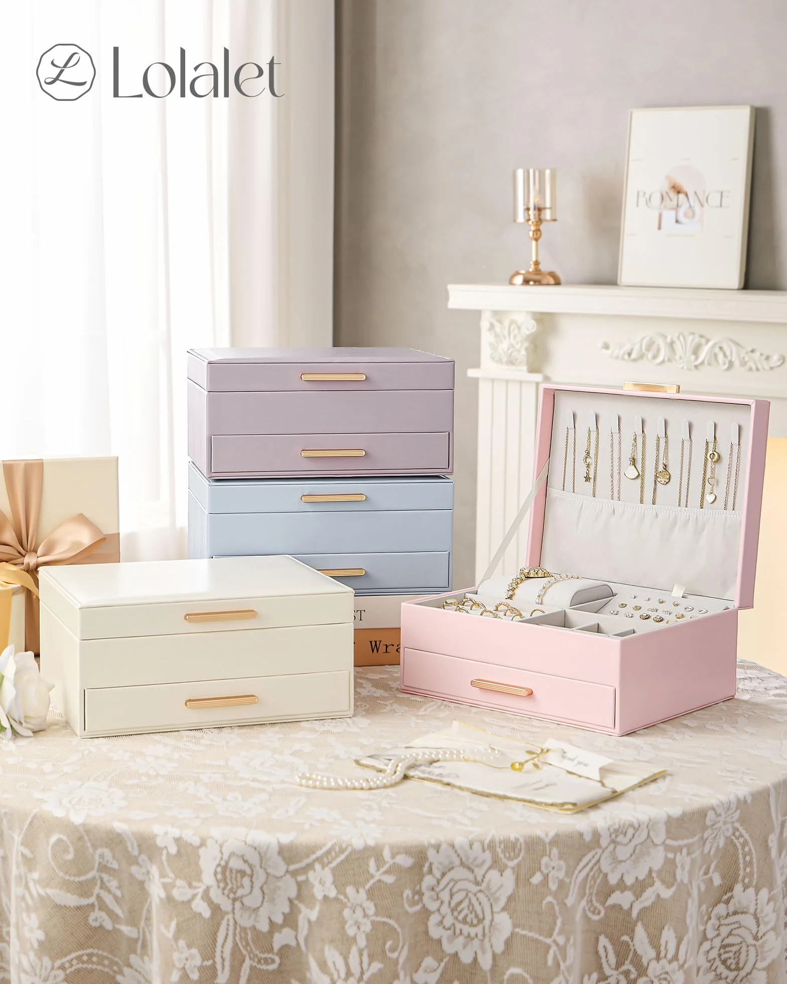 Lolalet Caja para Joyas de Doble Capa, Estuche Joyero Organizador para Collares Anillos Aretes Pulseras Relojes, Regalo para Mujer - Blanco
