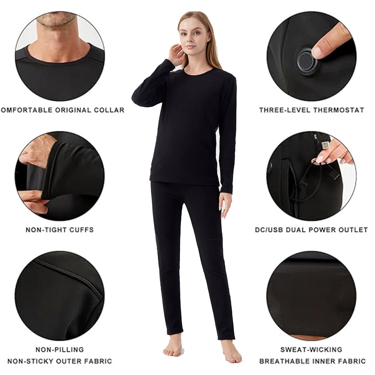 Conjunto de Ropa Interior Térmica para Mujer: 42 Zonas de Calor Camiseta y Pantalón con Calefacción Eléctrica para Actividades Invernales