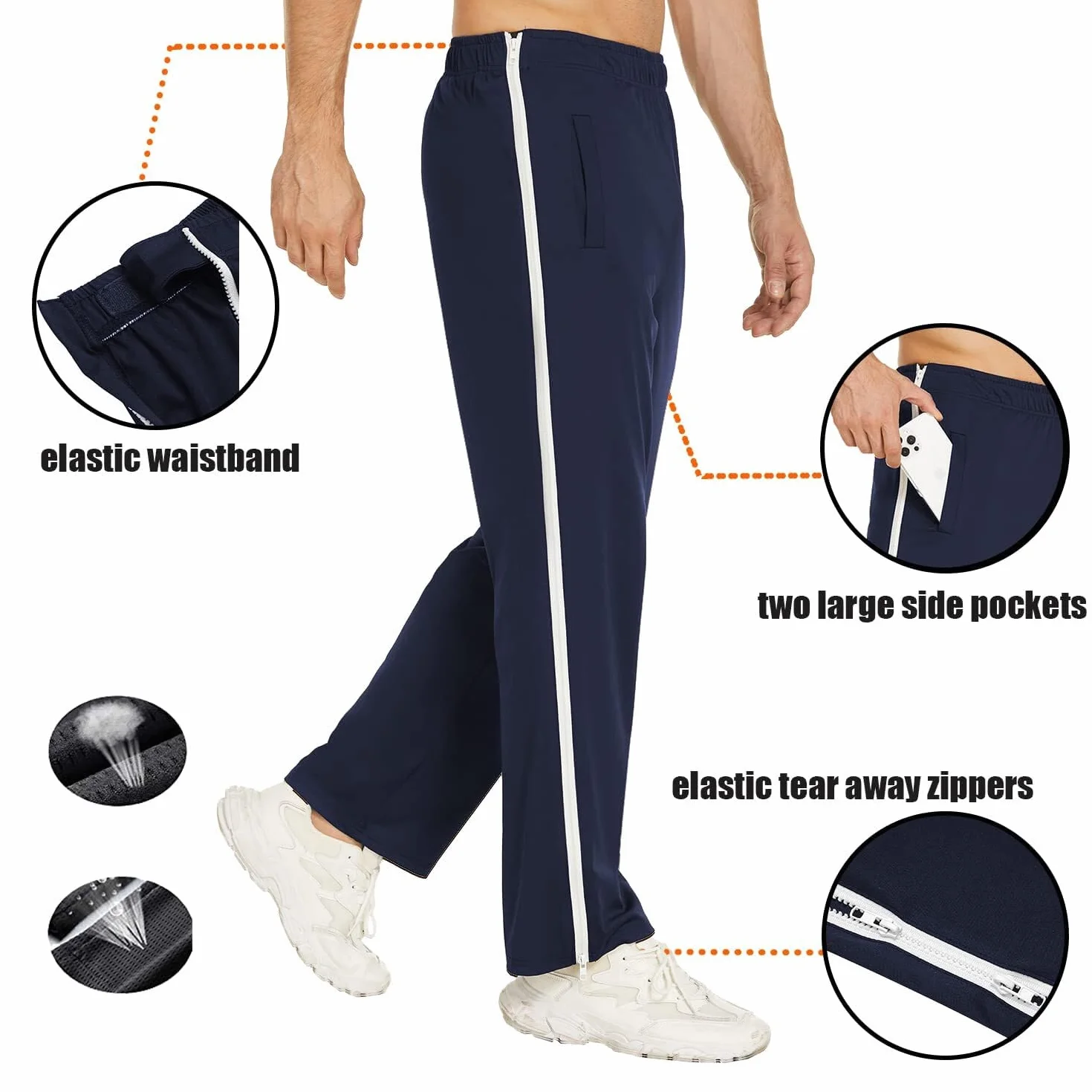 PINSPARK Pantalones largos de deporte para hombre con cremallera completa de entrenamiento