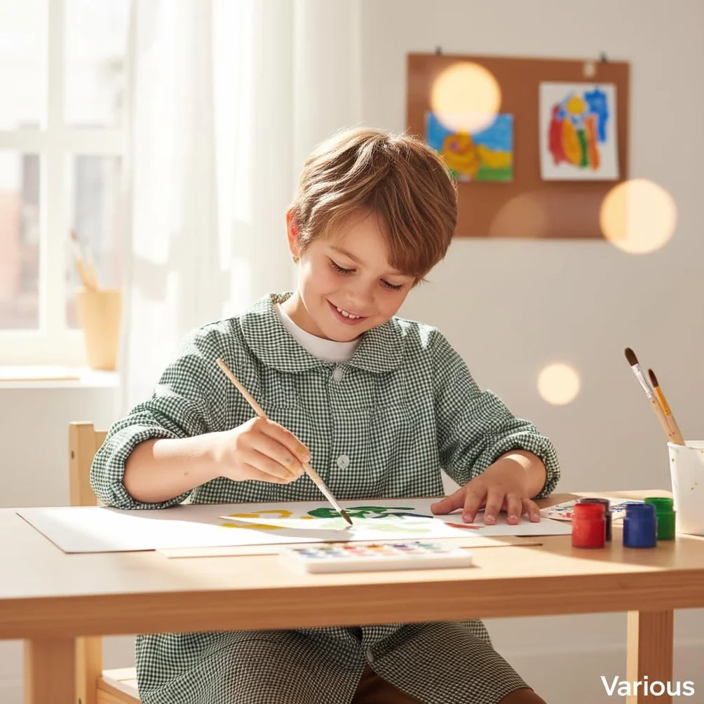 Babi Escoloar Infantil con Botones Cuadrado, Bata Escolar con Bolsillos y Puños Ajustados para Guardería y Colegio