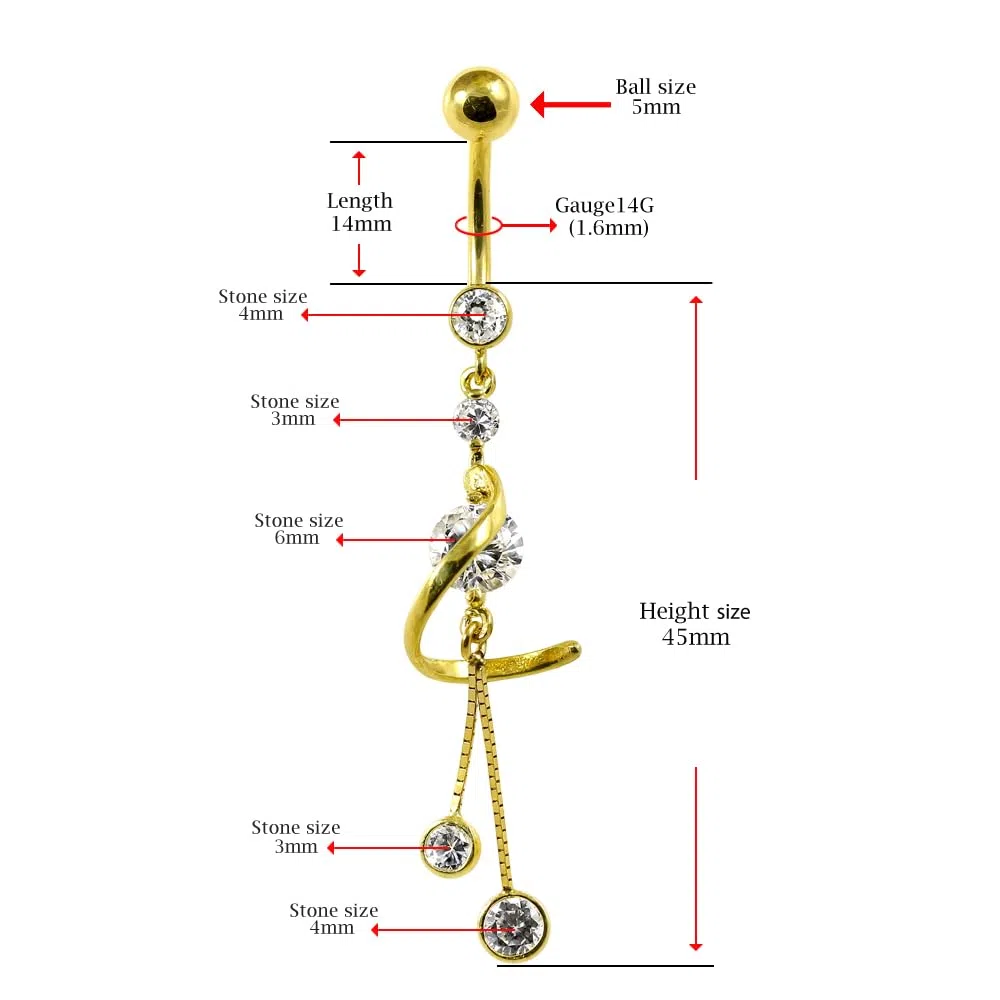 Piercing para el ombligo de oro amarillo macizo de 14 quilates con circonita cúbica y cadena italiana, joyería para ombligo de 14 quilates, calibre 14, 14 Gauge - 14mm Length, Circonia