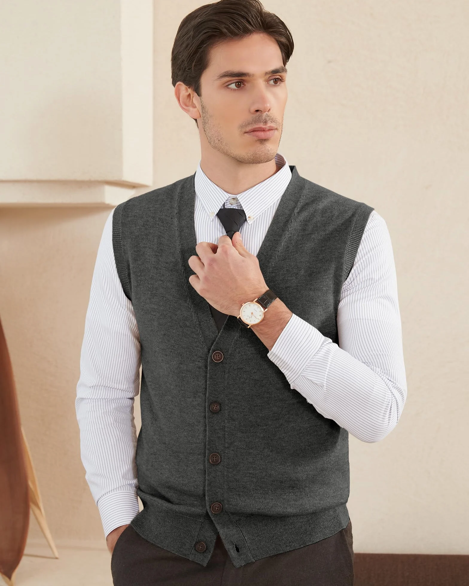 Kallspin Chalecos de Mezcla de Lana para Hombre Cuello en V Chaleco de Punto Cárdigan sin Mangas con Botones