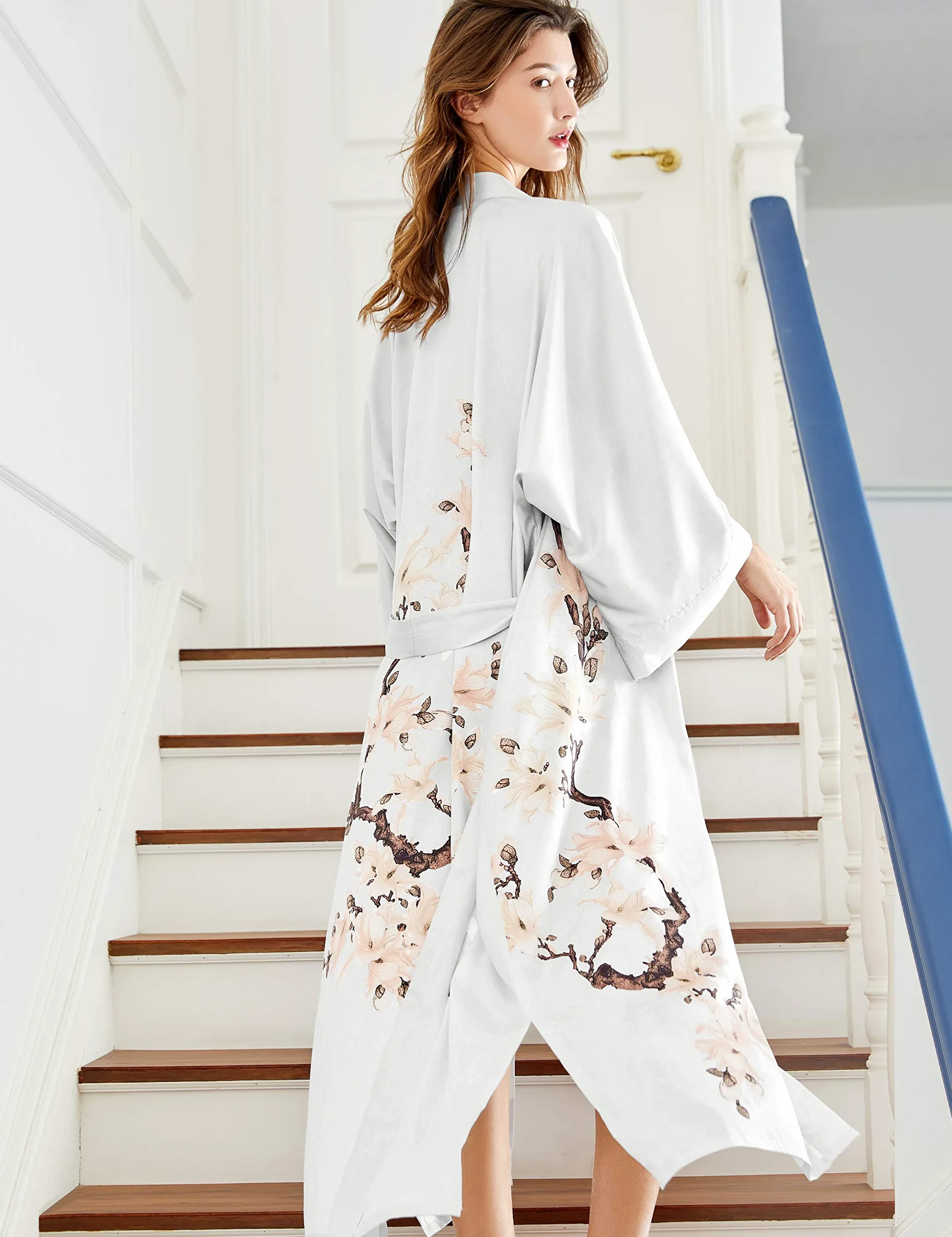 BABEYOND Bata de mujer kimono de flores con estampado maxi largo para mujer, albornoz de pera, chaqueta de playa, despedida de soltera, fiesta, bata de dormir