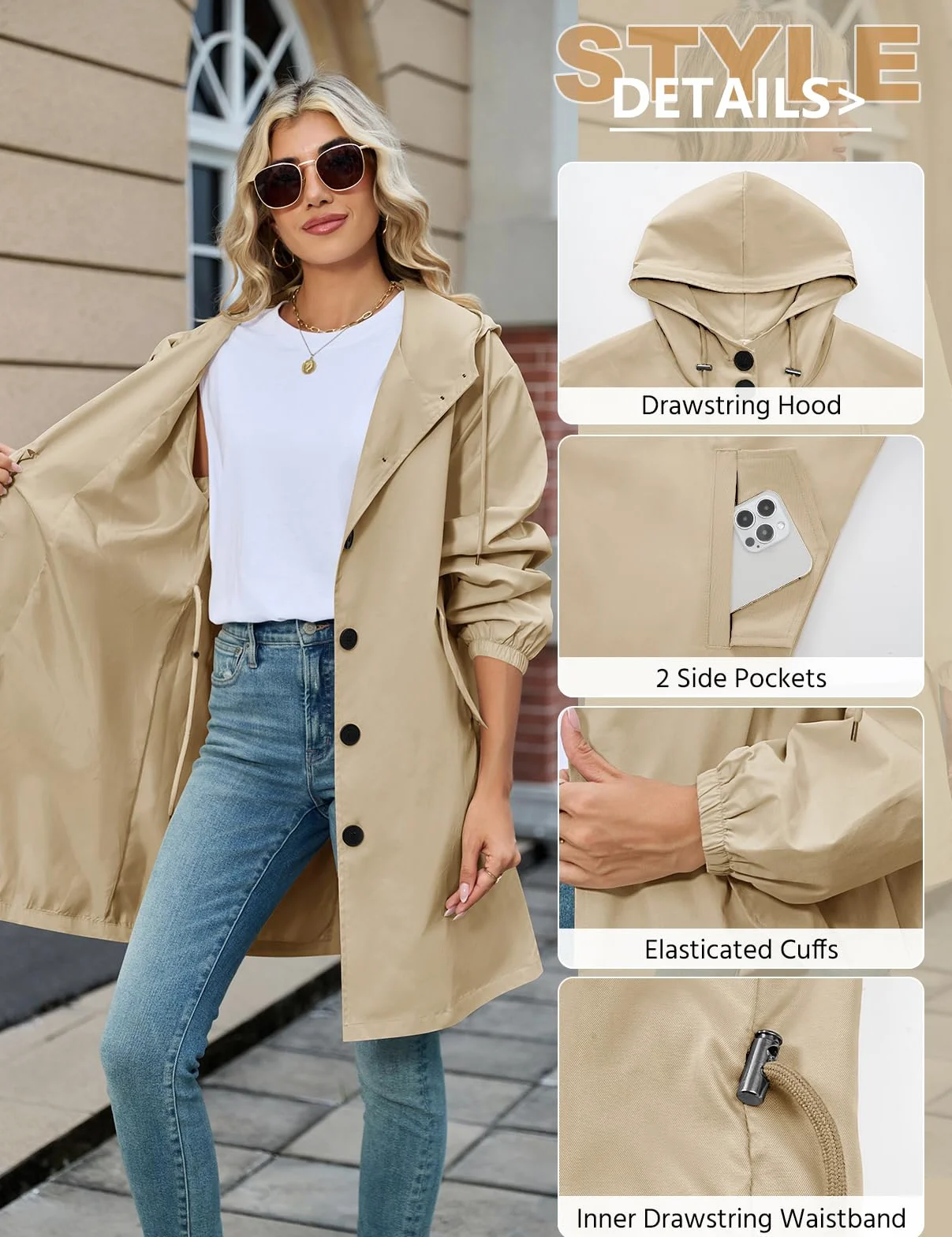 Vancavoo Gabardinas de Mujer Abrigo Largo Trench Coat Cortavientos Primavera Chaqueta con Capucha