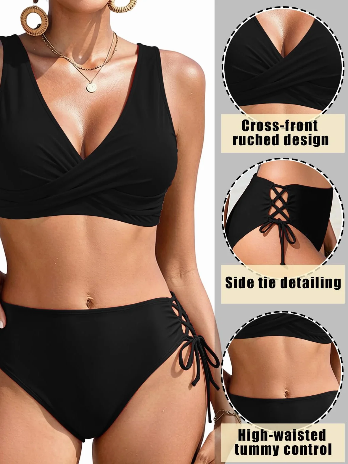 Bikini de Dos Piezas Cintura Alta Push up V-Cuello Control Abdominal