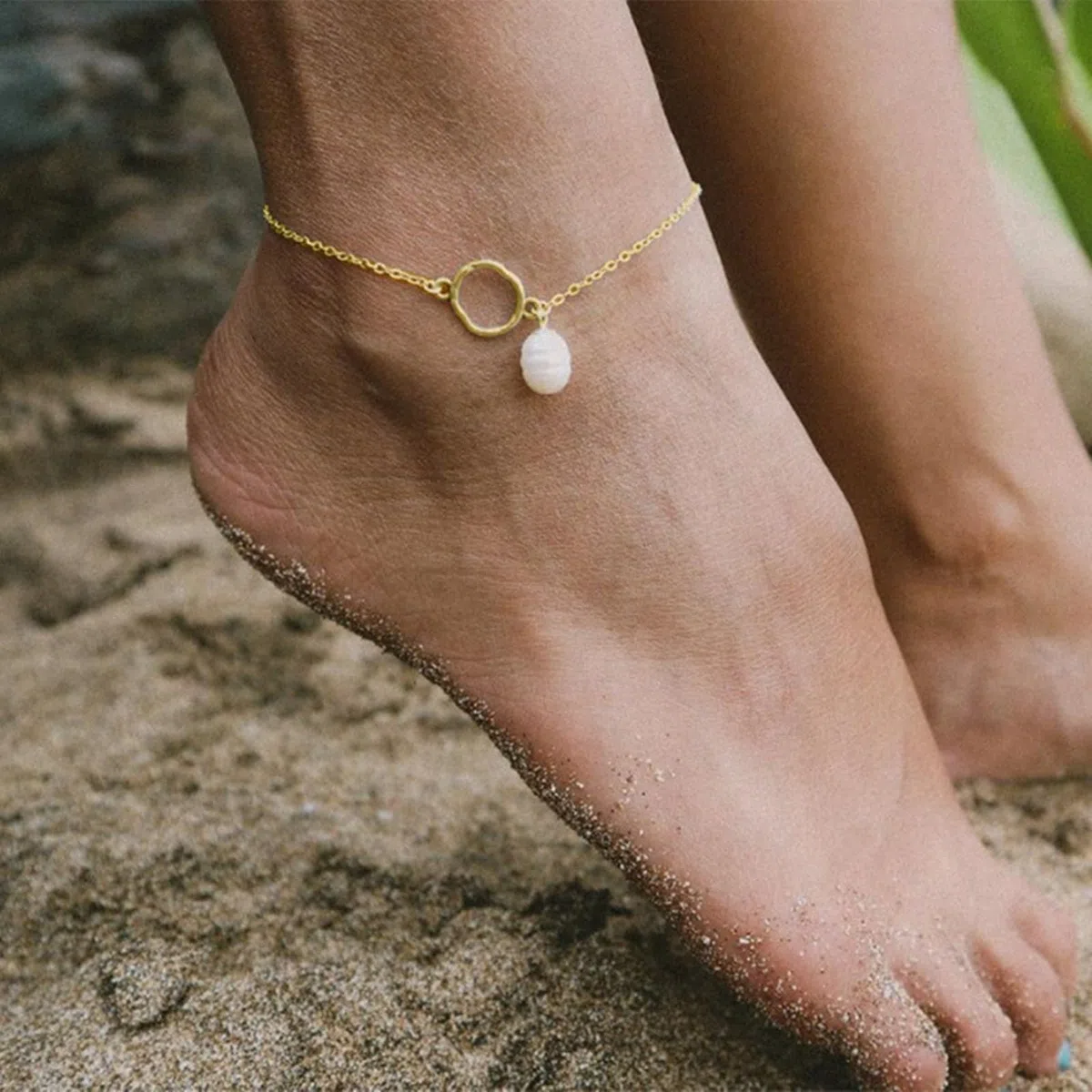 Pulsera tobillera con círculo irregular con perla para mujer, oro de 18 quilates con perla, pulsera tobillera para mujer, oro amarillo de 9 quilates, 14 y 18 quilates